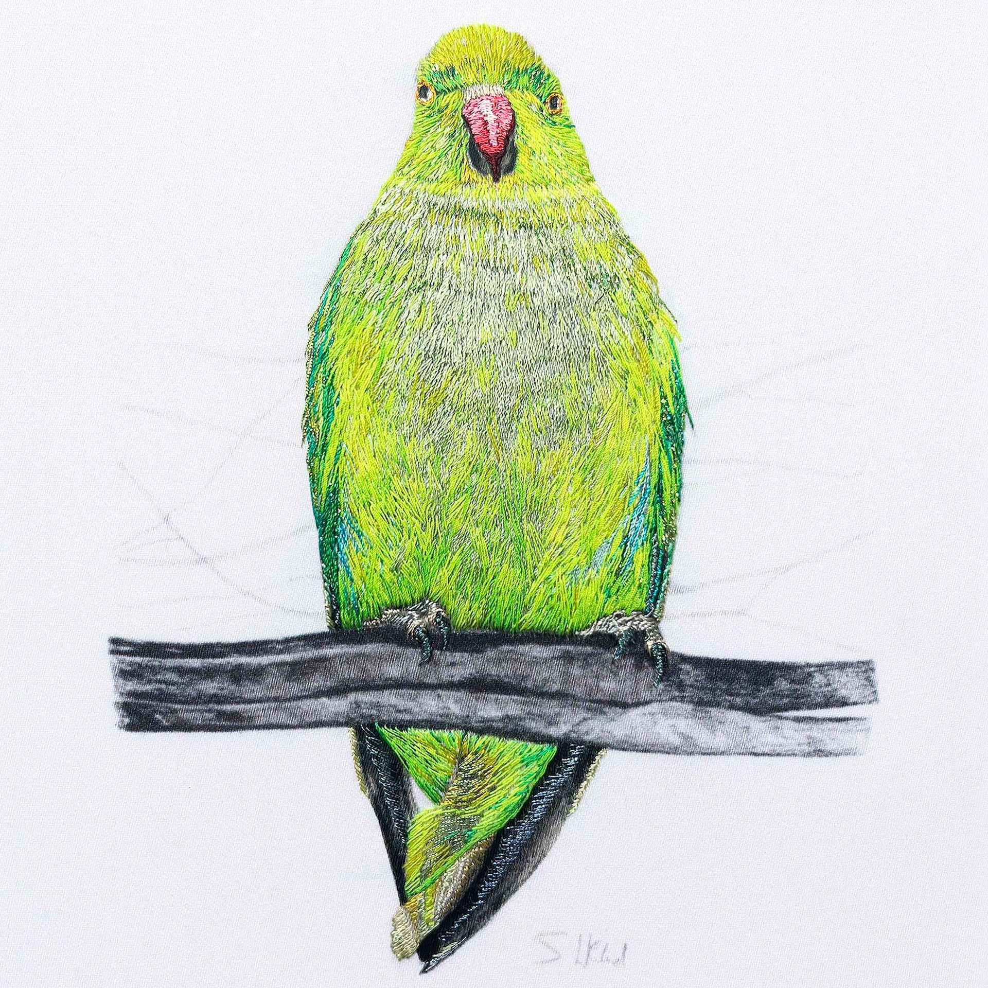 Parakeet hand embroidered artwork.
