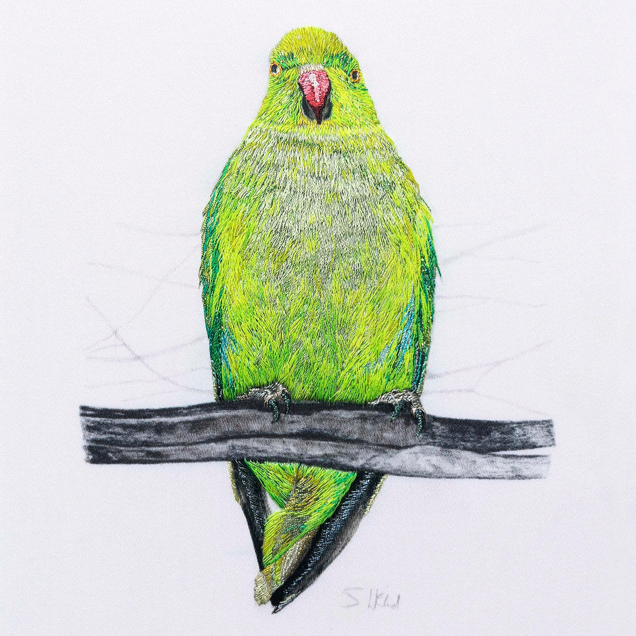 Greenwich Parakeet textile artwork by Susannah Weiland — a Limited Edition Wildlife Art Embroidery Print depicting a ring-necked parakeet perched on a branch, worked in vibrant silk threads in vivid lime and emerald green with delicate graphite detailing. Inspired by the parakeets of Greenwich Park, London.