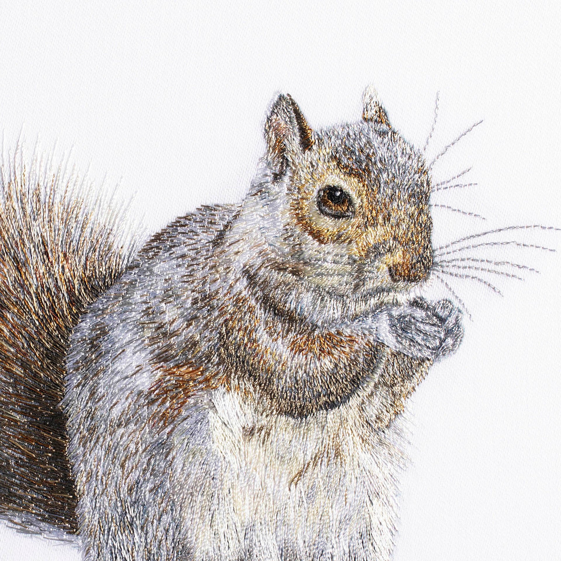 Squirrel hand embroidered wall art close up.