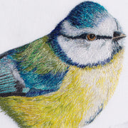 Hand embroidered blue tit original artwork close up