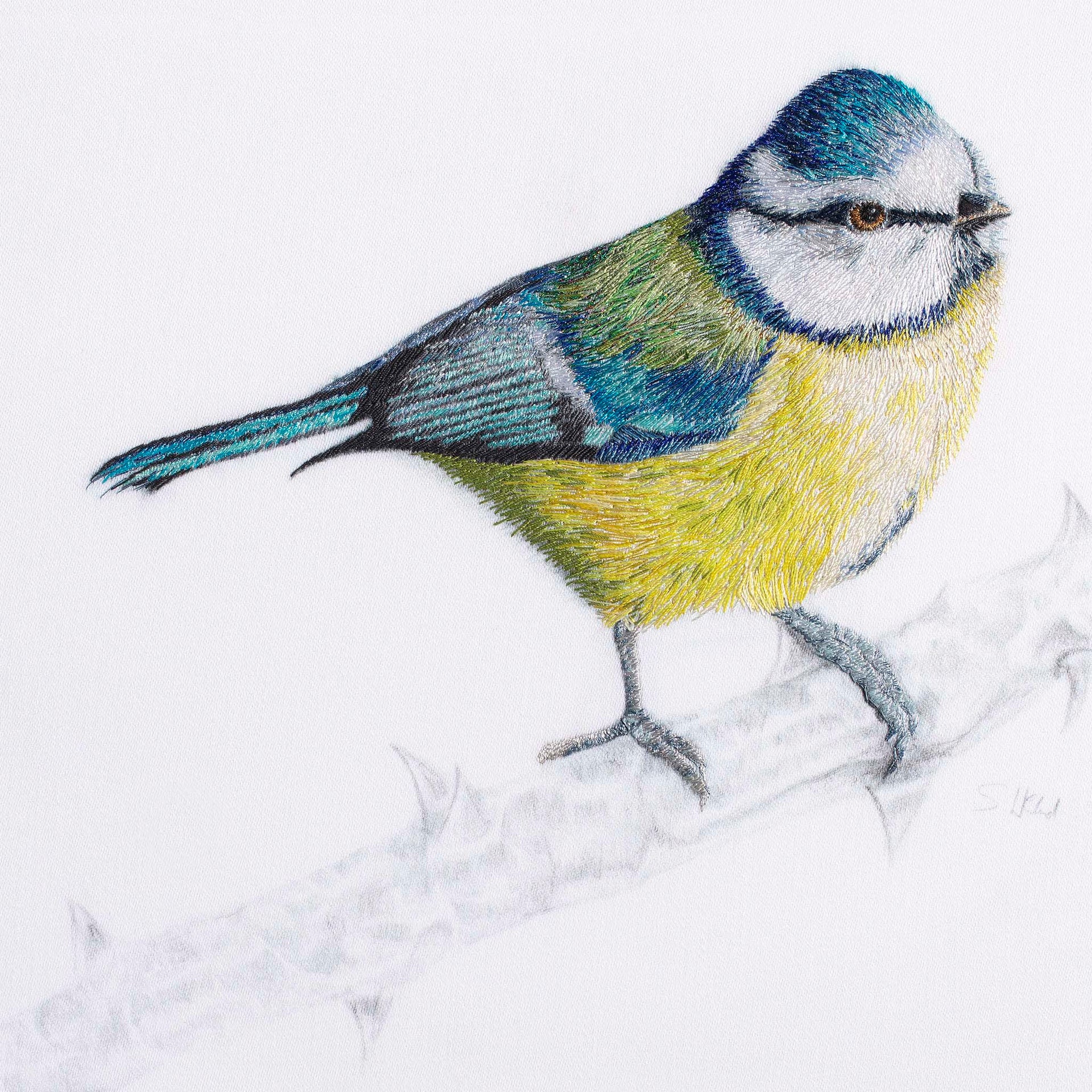 Blue tit hand embroidered artwork.