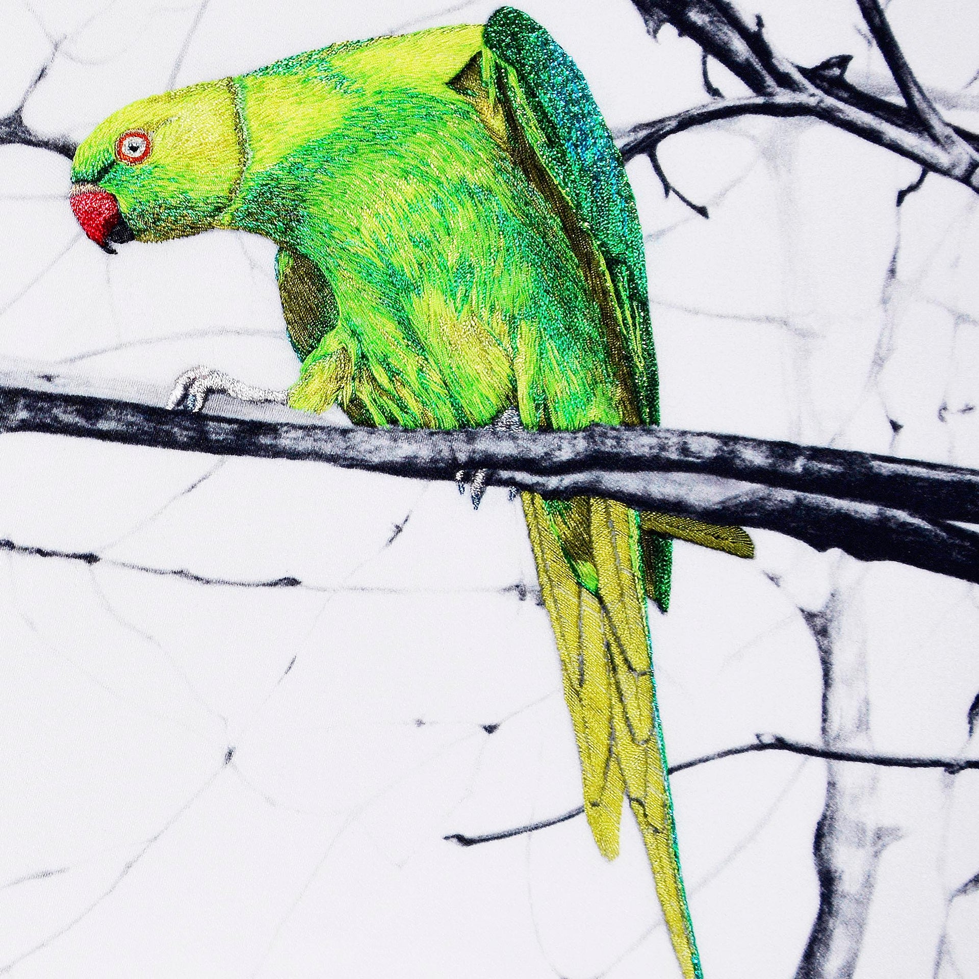 Parakeets hand embroidered wall art close up.