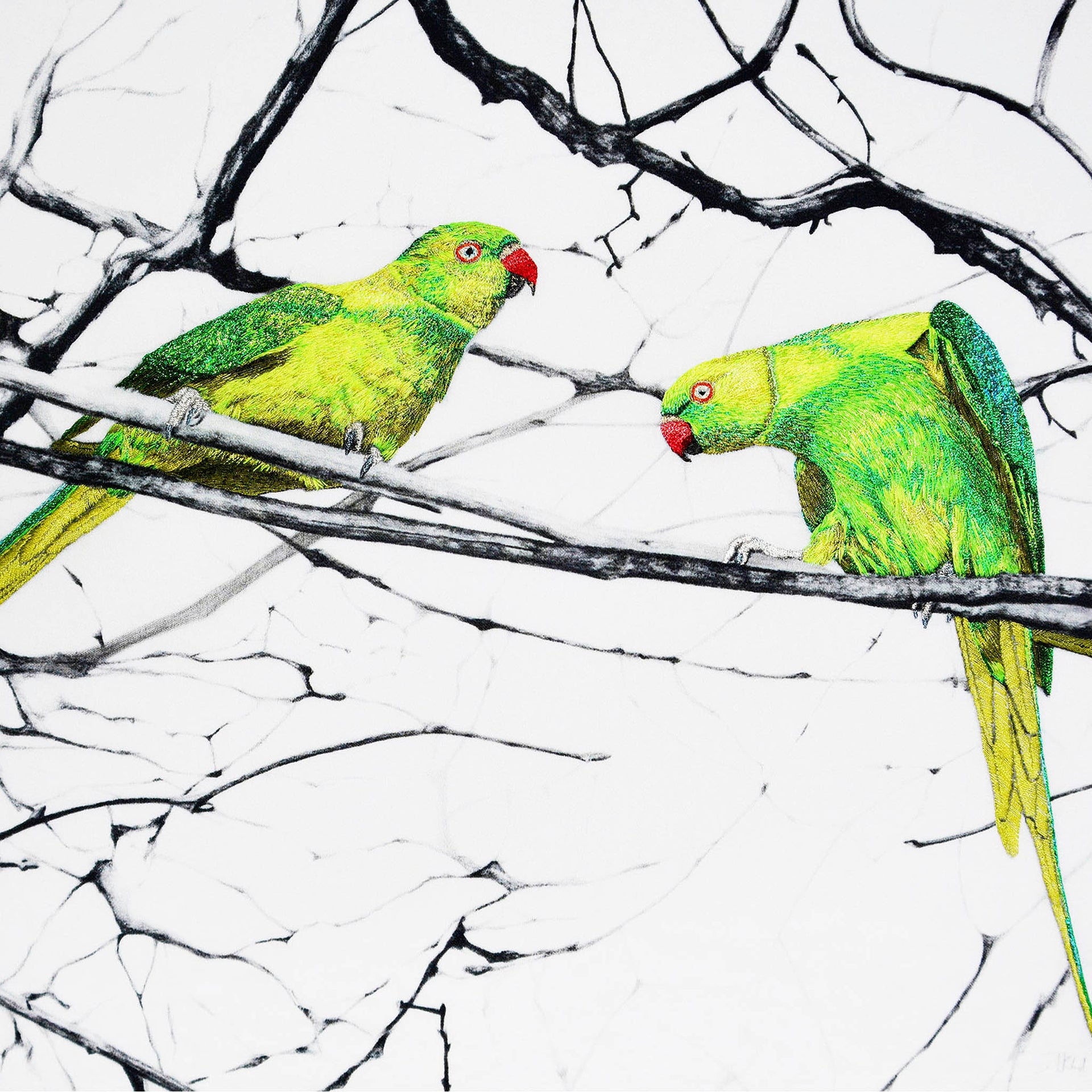 Parakeets hand embroidered artwork.