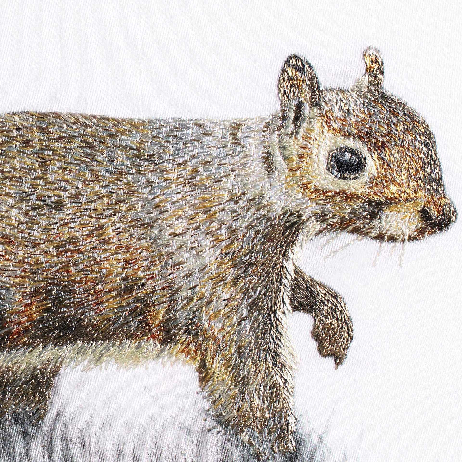Squirrel hand embroidered wall art close up.