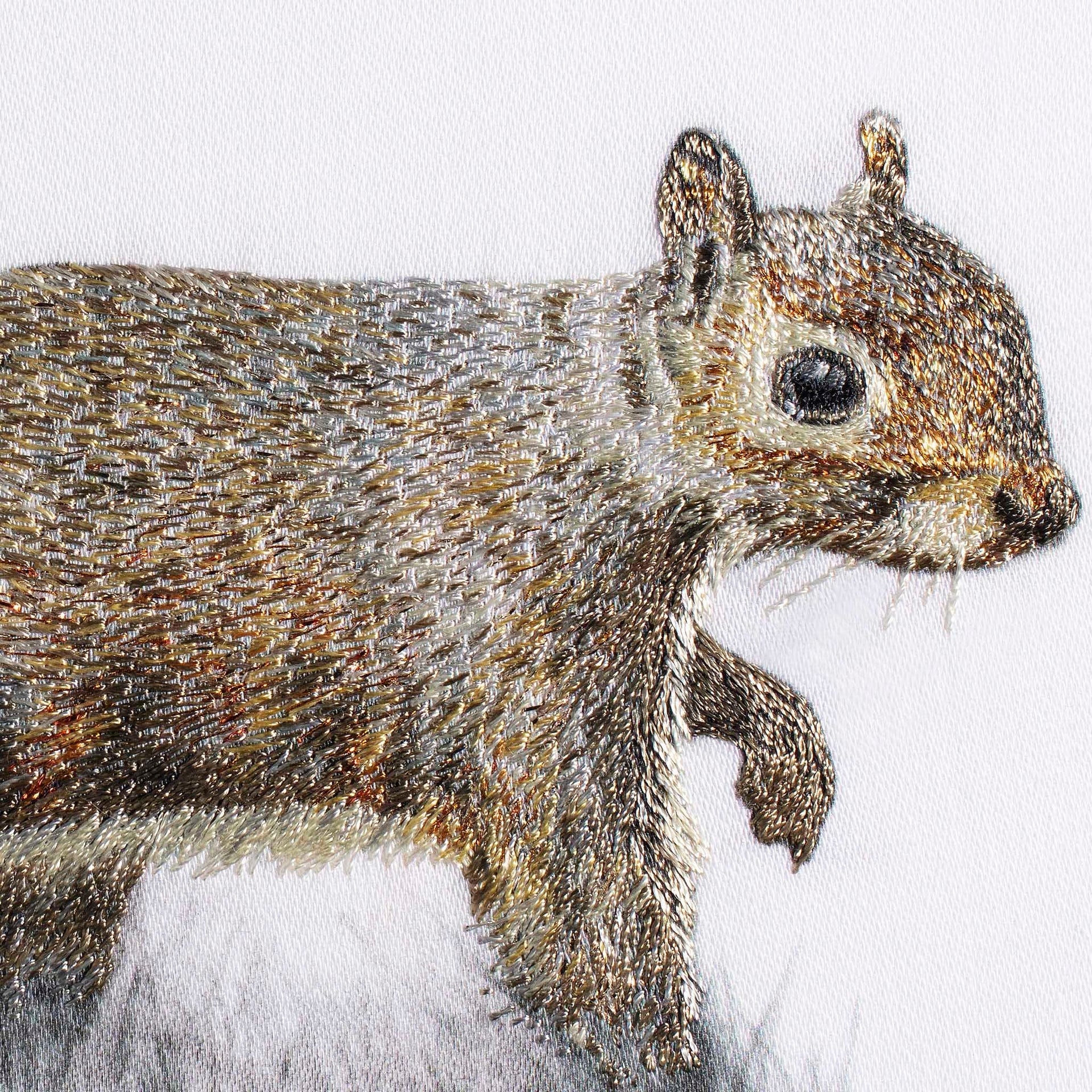 Hand embroidered squirrel original artwork close up
