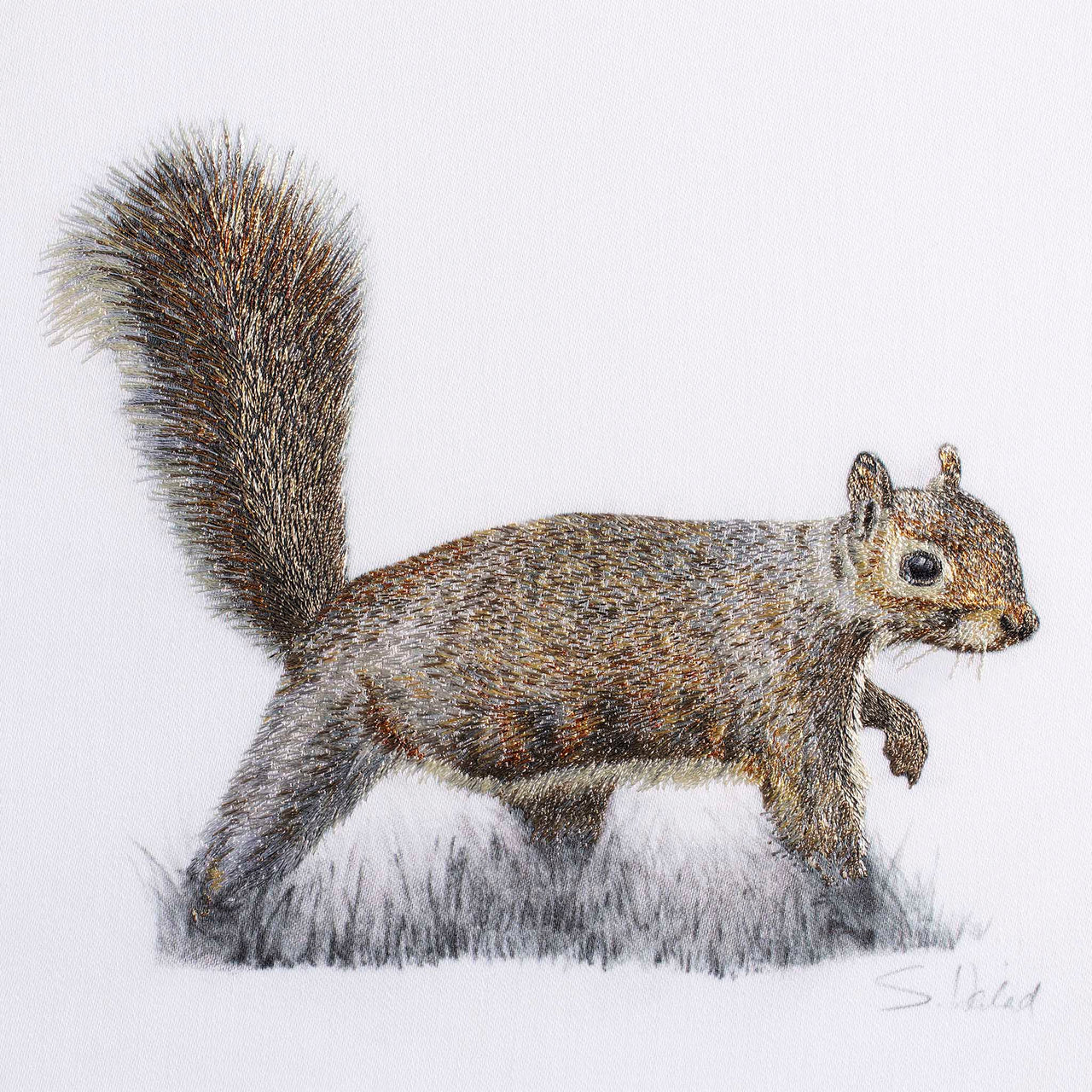 Hyde Squirrel artwork combining tonal pencil drawing with hand embroidery