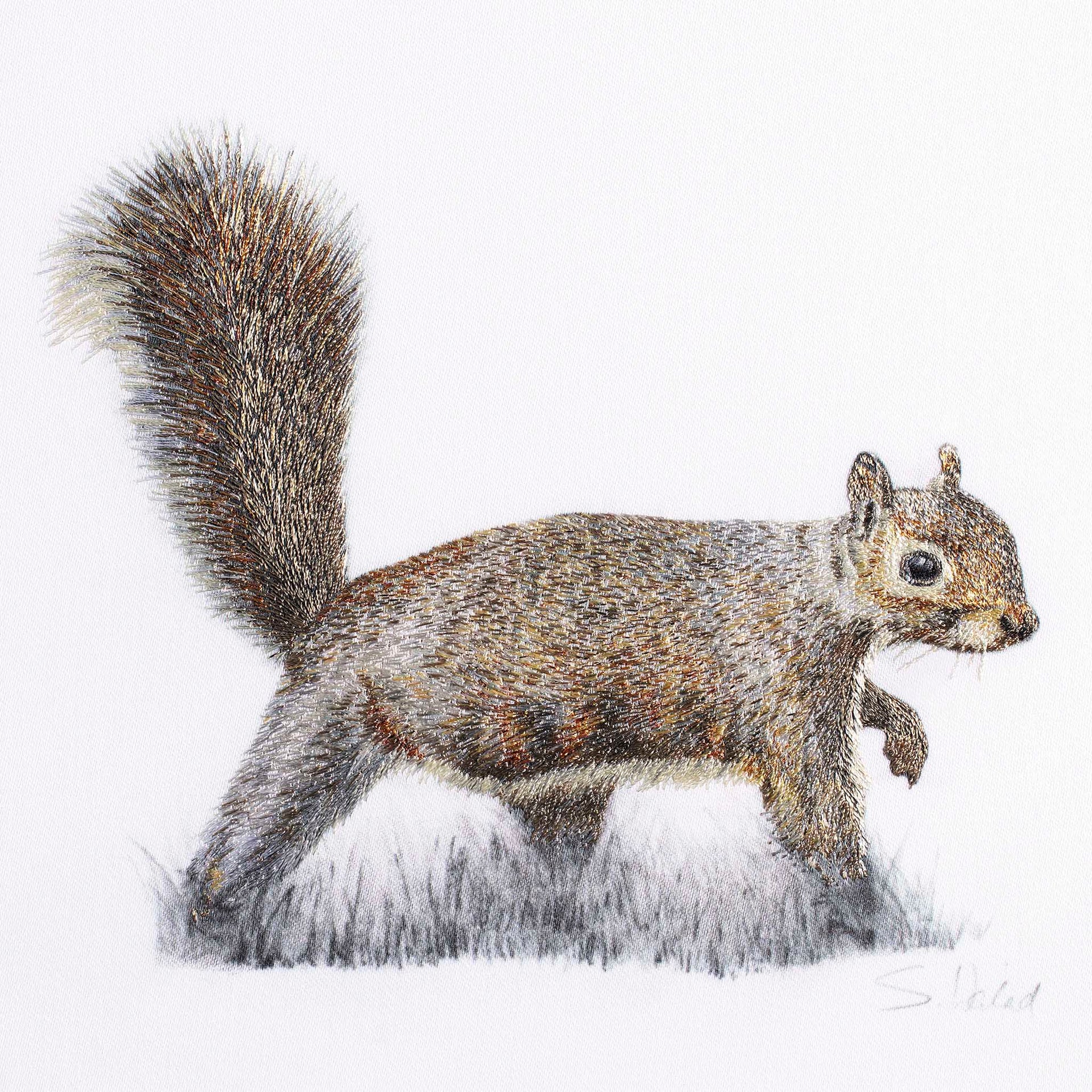 Squirrel hand embroidered artwork.