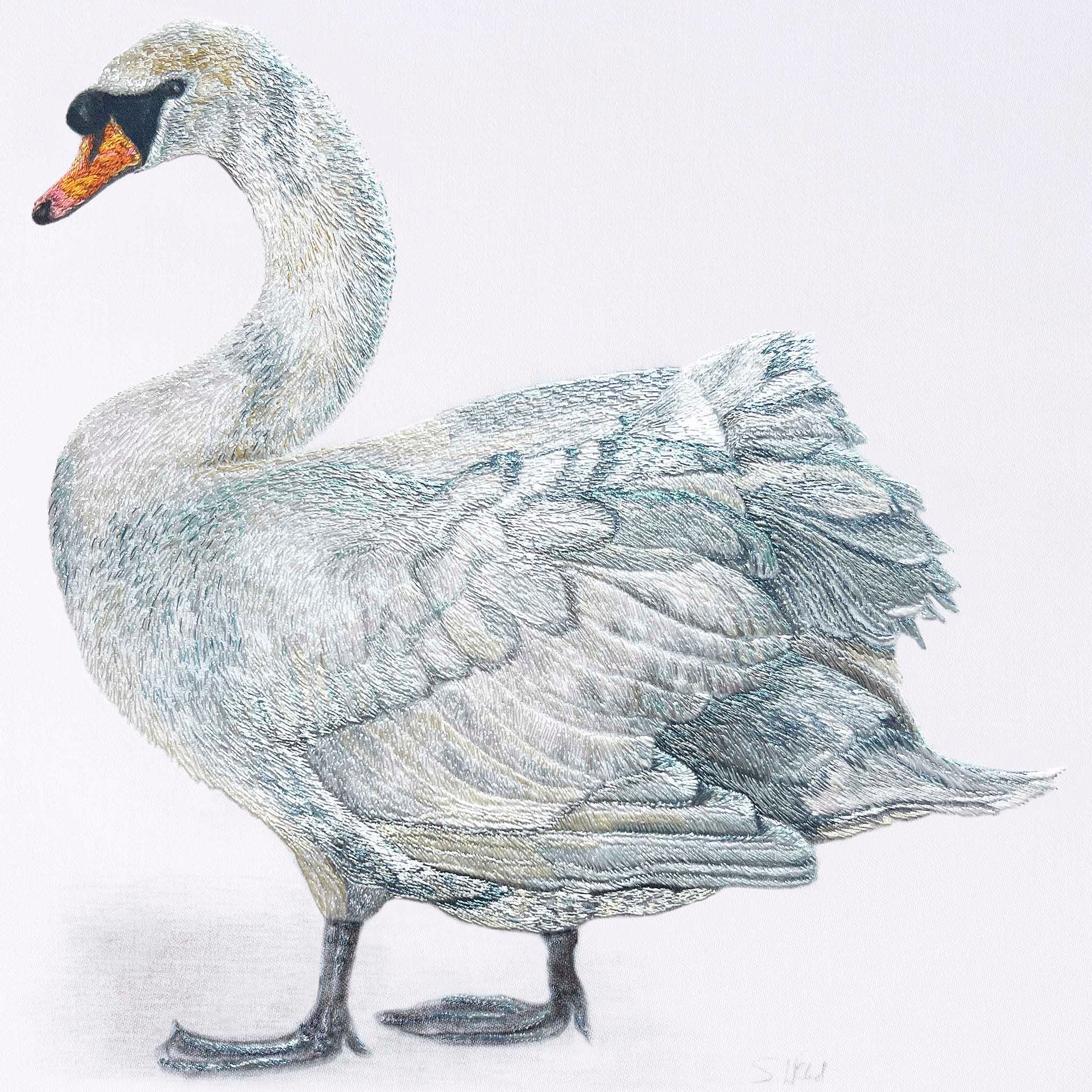 Swan hand embroidered artwork.