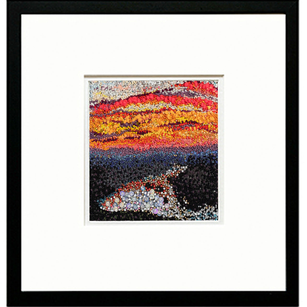 January Sky hand embroidered leather wall art framed.