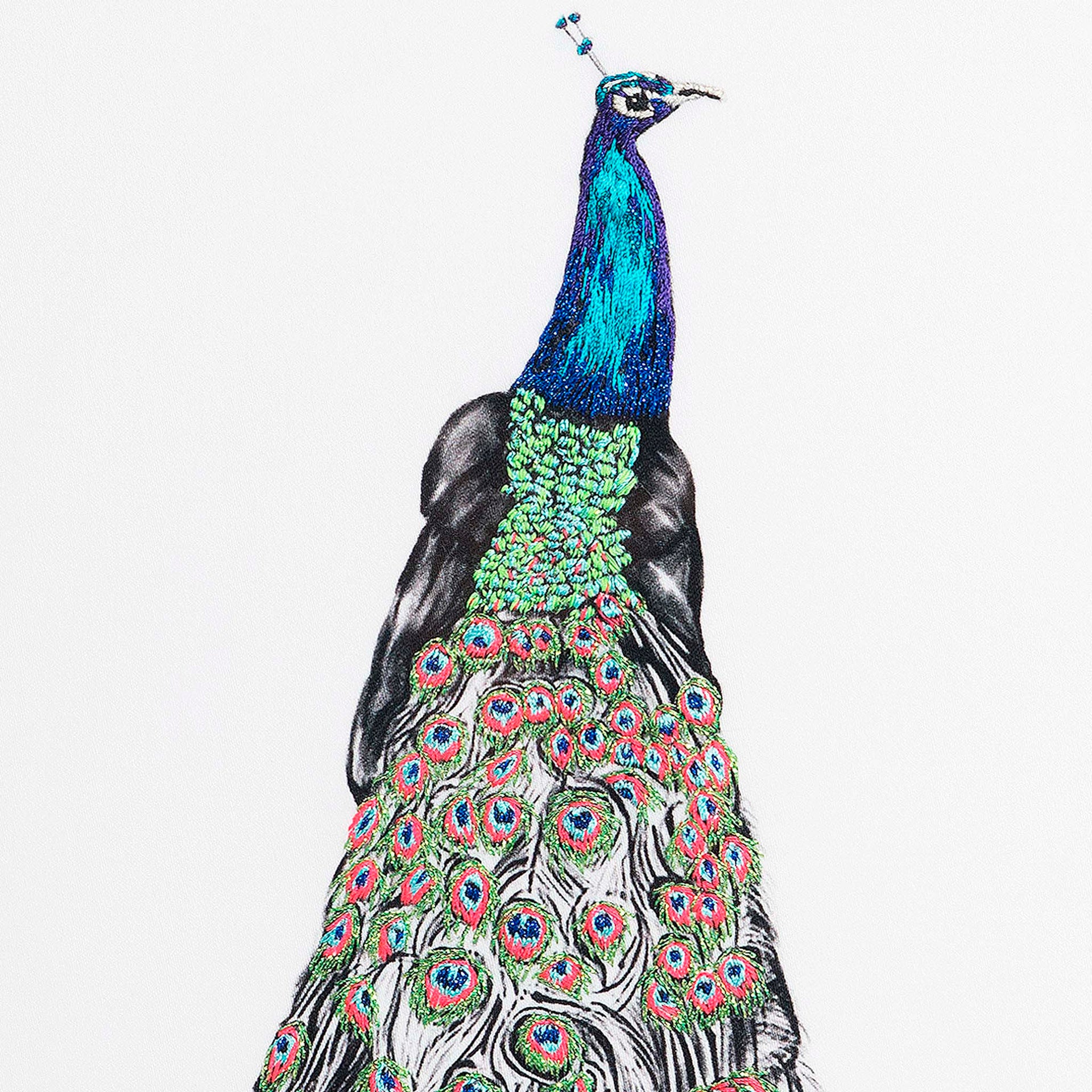 Hand embroidered peacock artwork close up