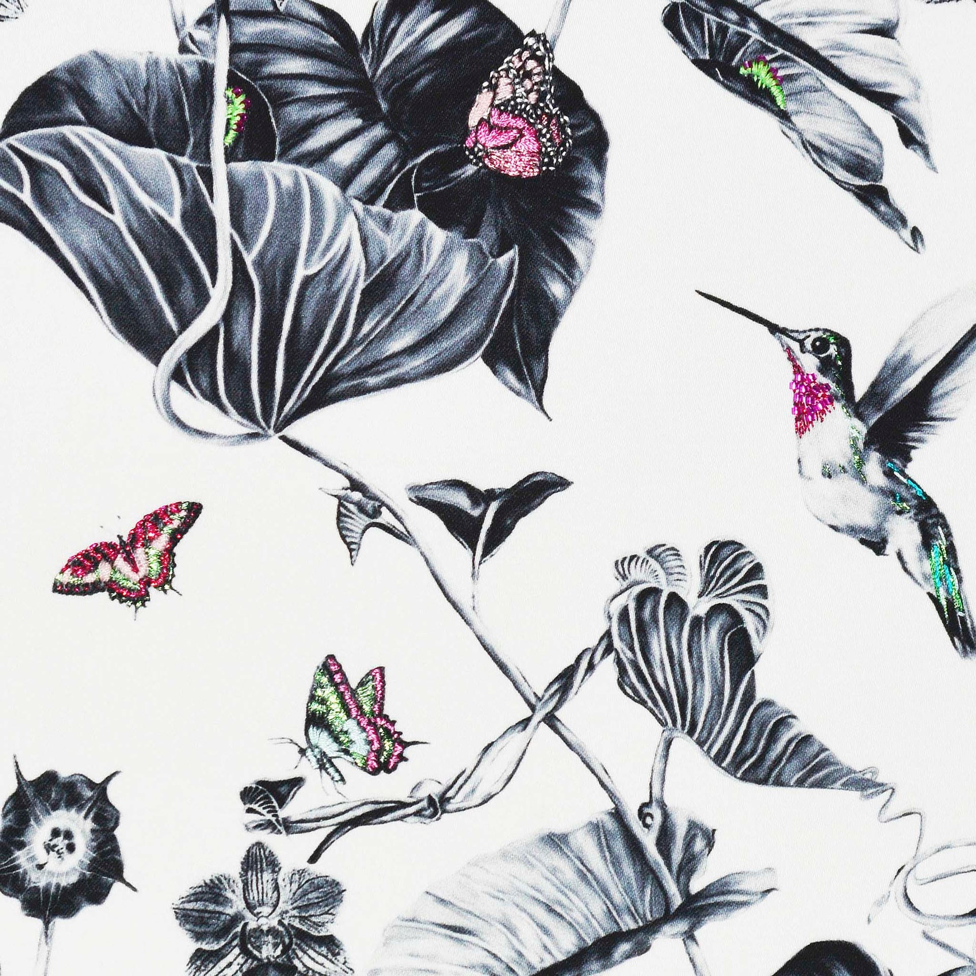 Pink hummingbirds original hand embroidery artwork close up