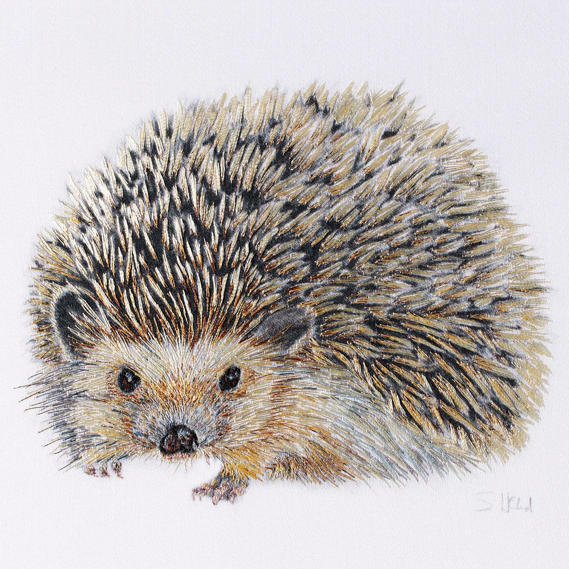 Hedgehog hand embroidered artwork.