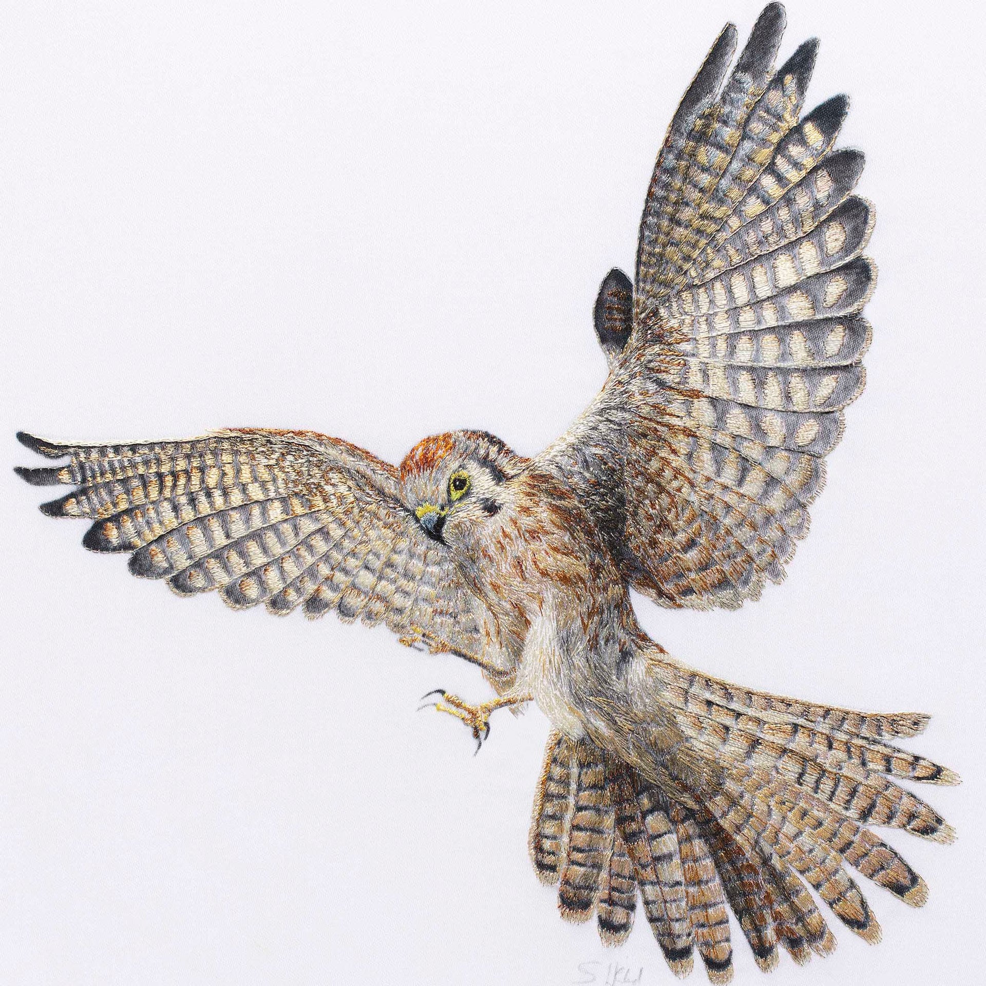 Kestrel hand embroidered artwork.