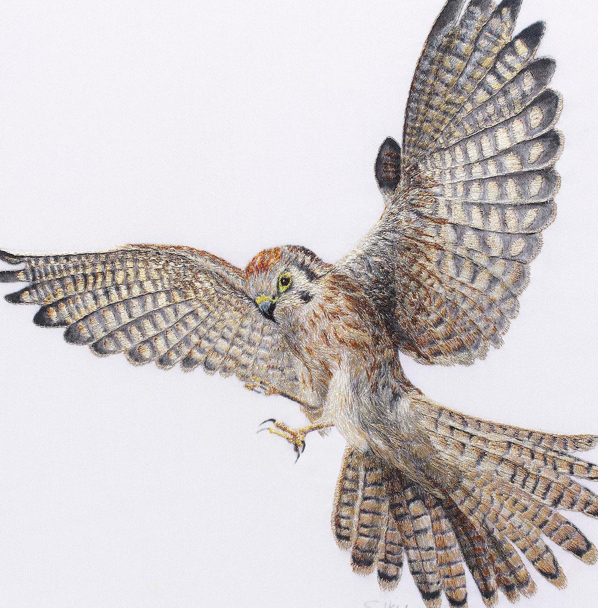 Kestrel hand embroidered wall art close up.