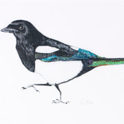 Hand embroidered Magpie original artwork close up