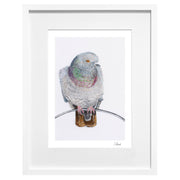 Pigeon hand embroidered limited edition print in white frame