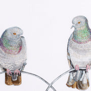 Regent Pigeons Limited Edition Wildlife Art Embroidery Print by Susannah Weiland — close-up detail showing the iridescent purple, pink and green thread work of the birds' neck plumage.