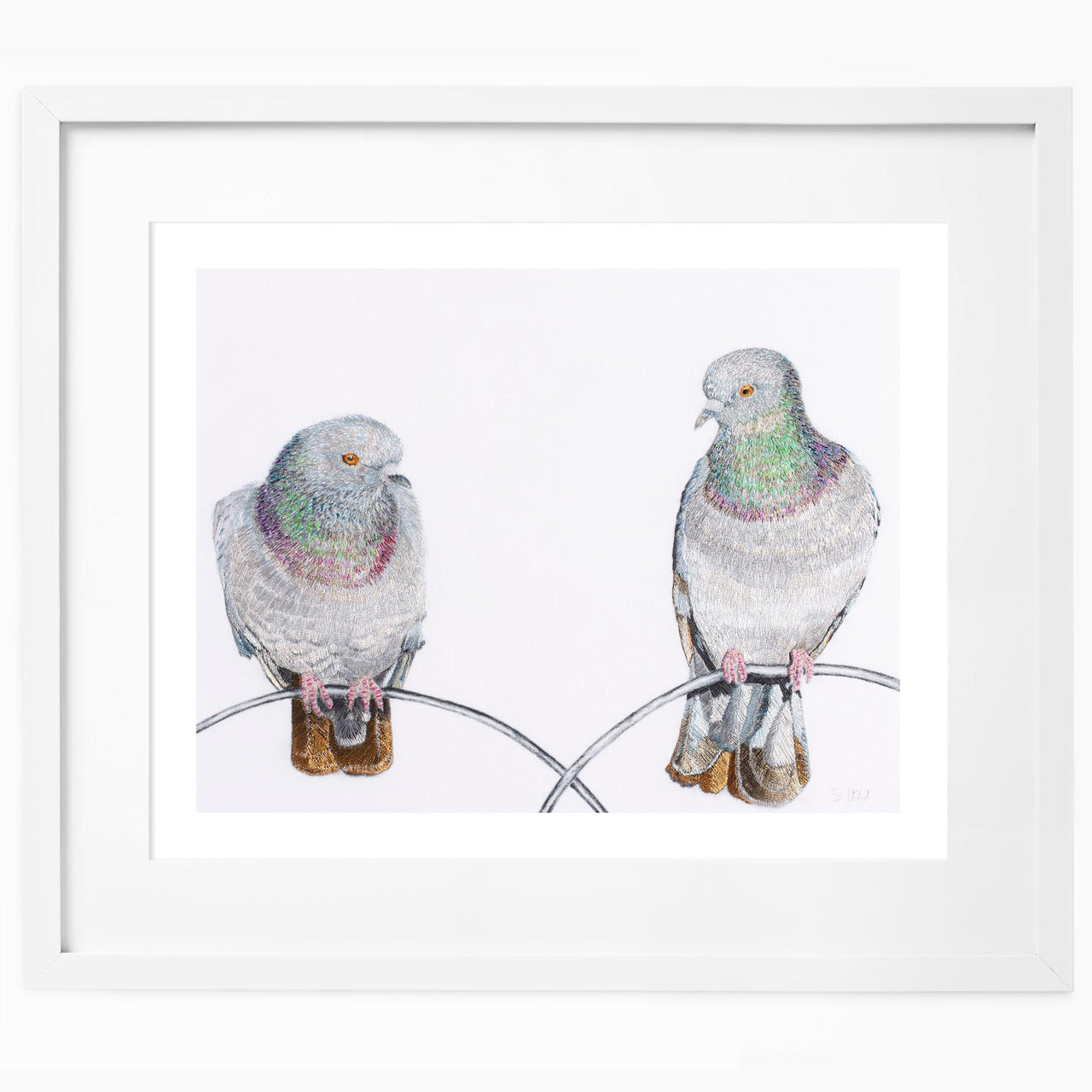 Regent Pigeons Limited Edition Wildlife Art Embroidery Print by Susannah Weiland, featuring two Regent's Park pigeons perched on a metal rail, presented in a white frame with white mount.