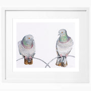 Regent Pigeons Limited Edition Wildlife Art Embroidery Print by Susannah Weiland, featuring two Regent's Park pigeons perched on a metal rail, presented in a white frame with white mount.