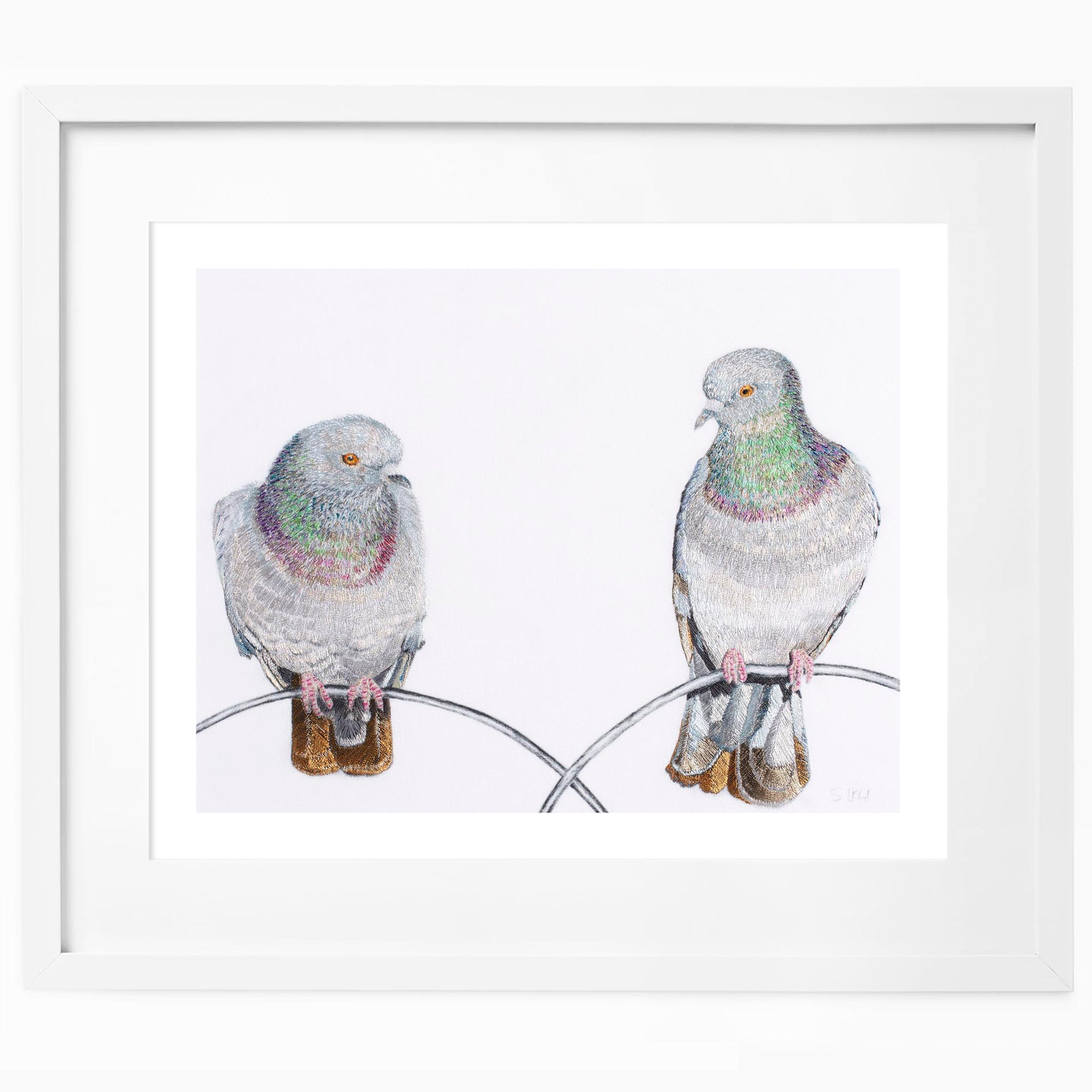 Regent Pigeons Limited Edition Wildlife Art Embroidery Print by Susannah Weiland, featuring two Regent's Park pigeons perched on a metal rail, presented in a white frame with white mount.