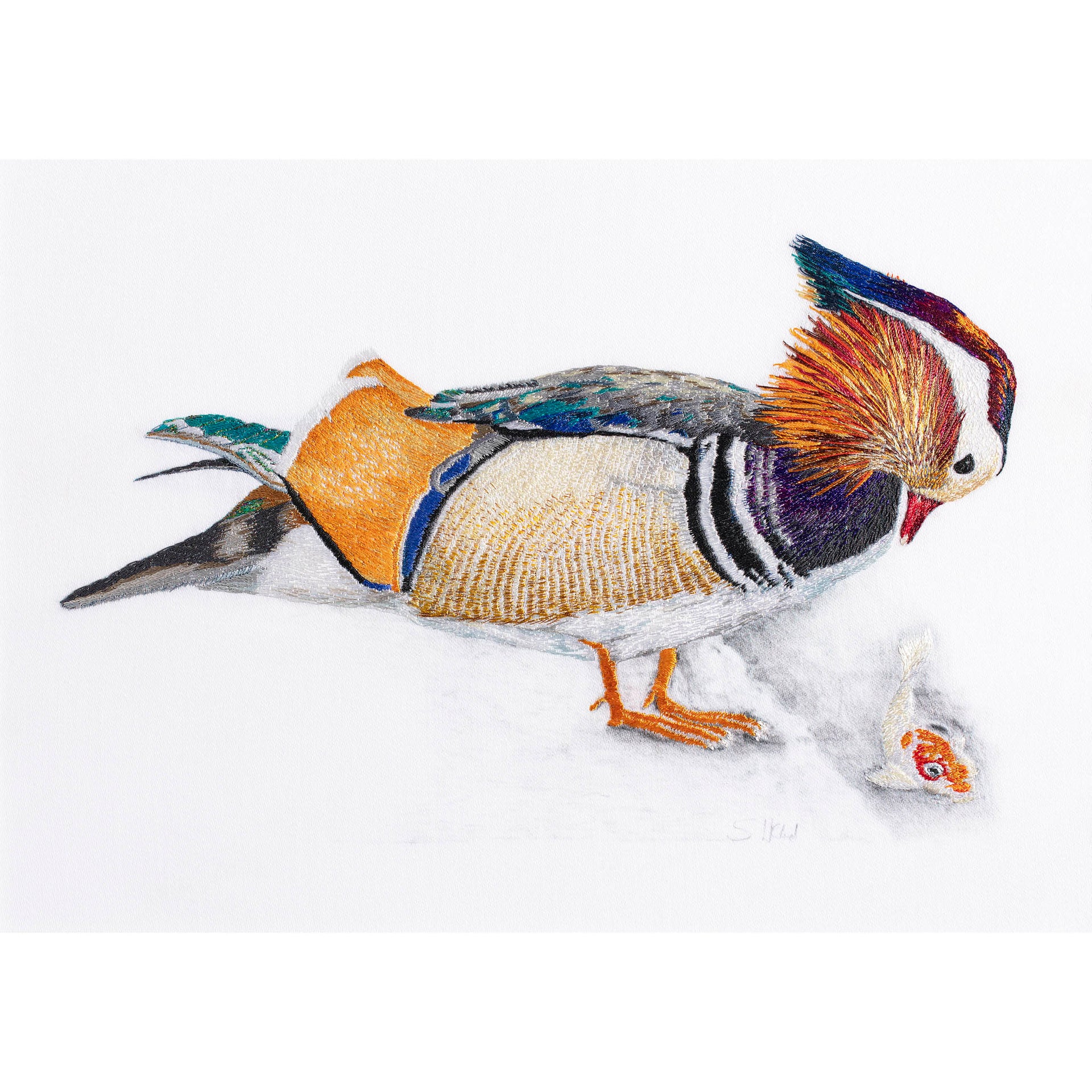 Mandarin duck & fish original hand embroidered artwork 