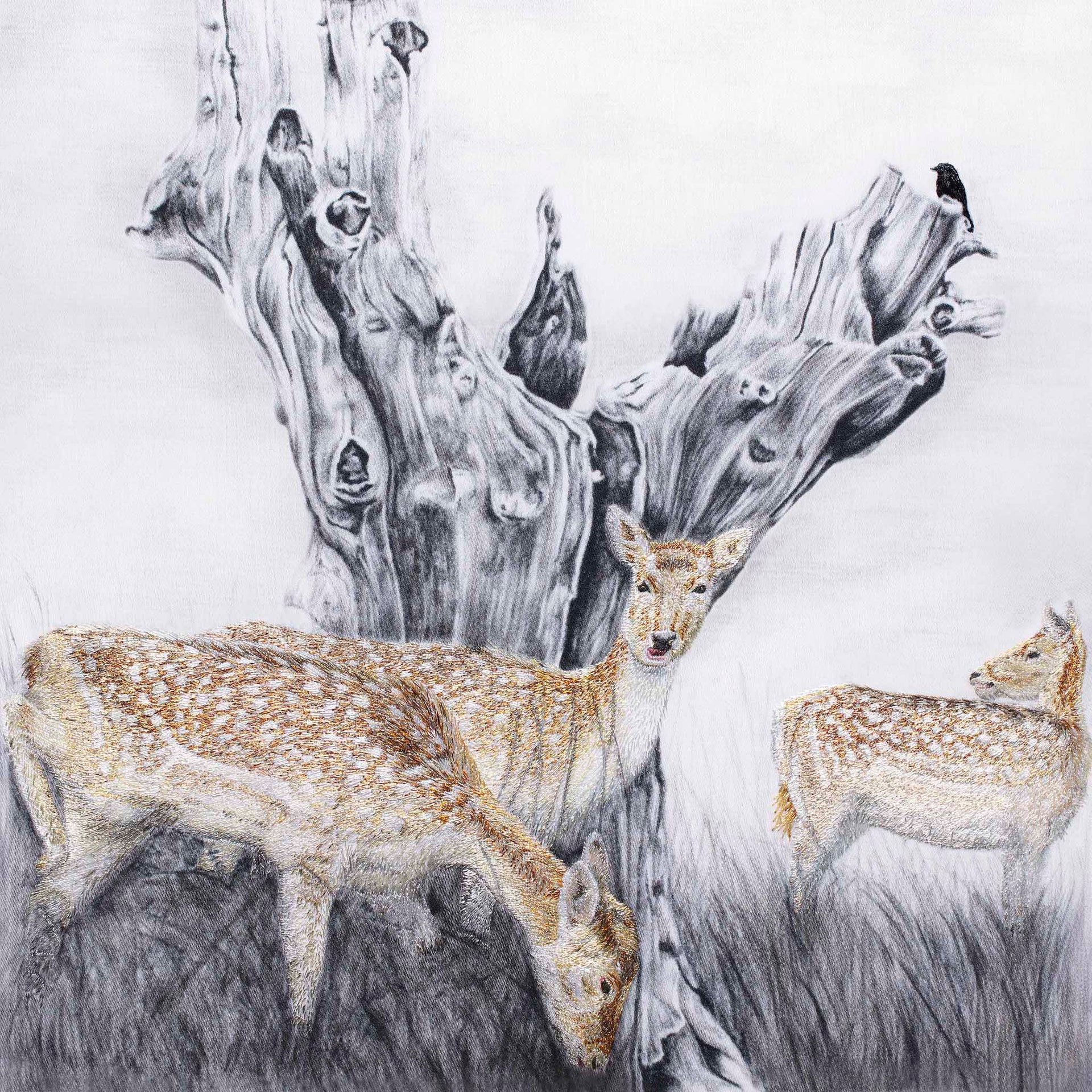 Deer hand embroidered artwork.