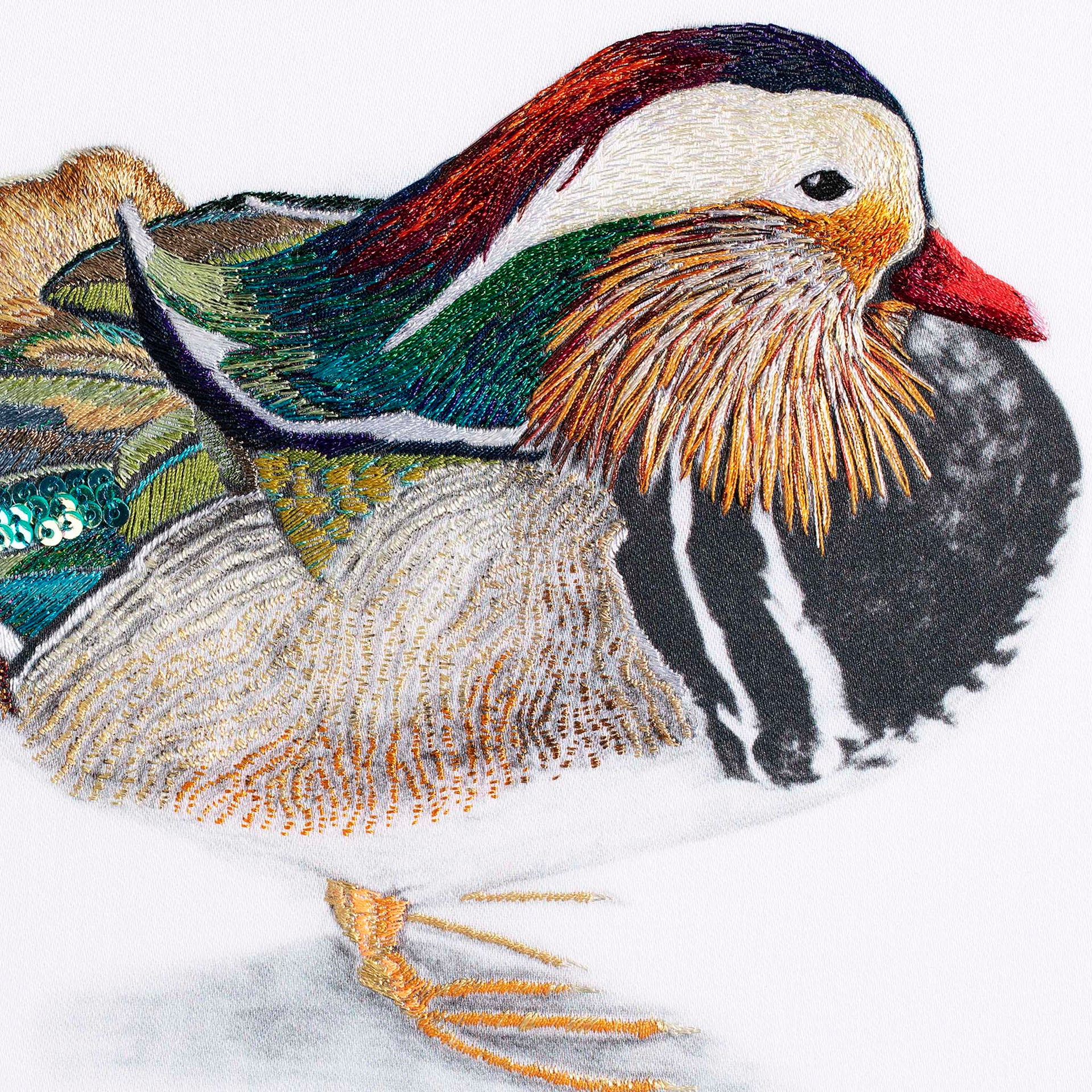 Mandarin duck hand embroidered wall art close up.