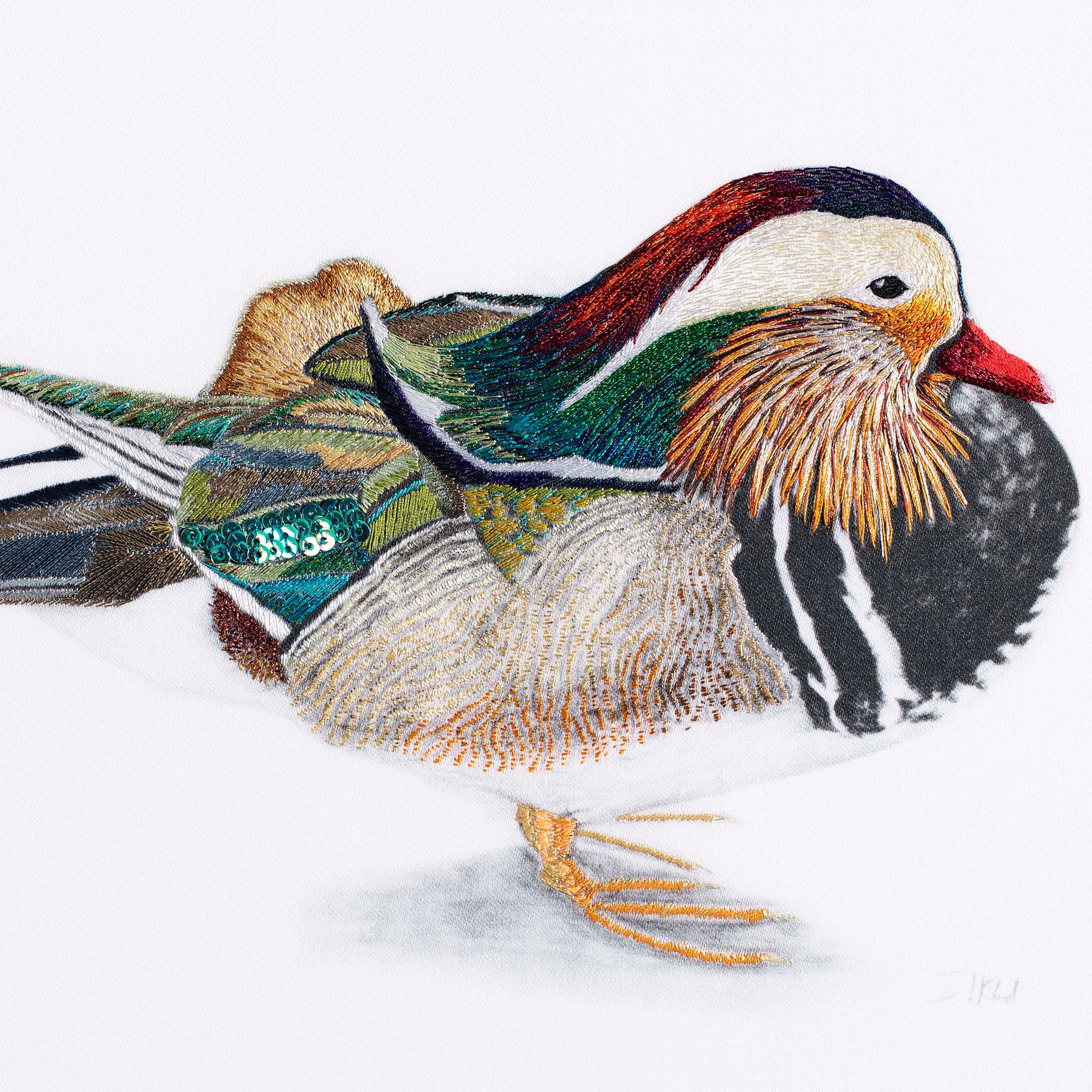 Mandarin duck hand embroidered artwork.