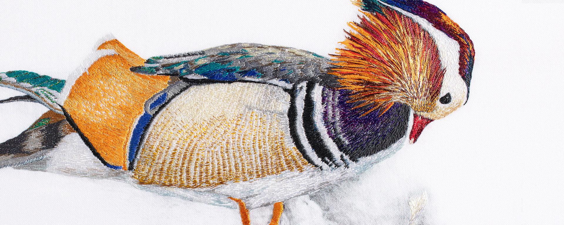 Hand embroidered mandarin duck artwork