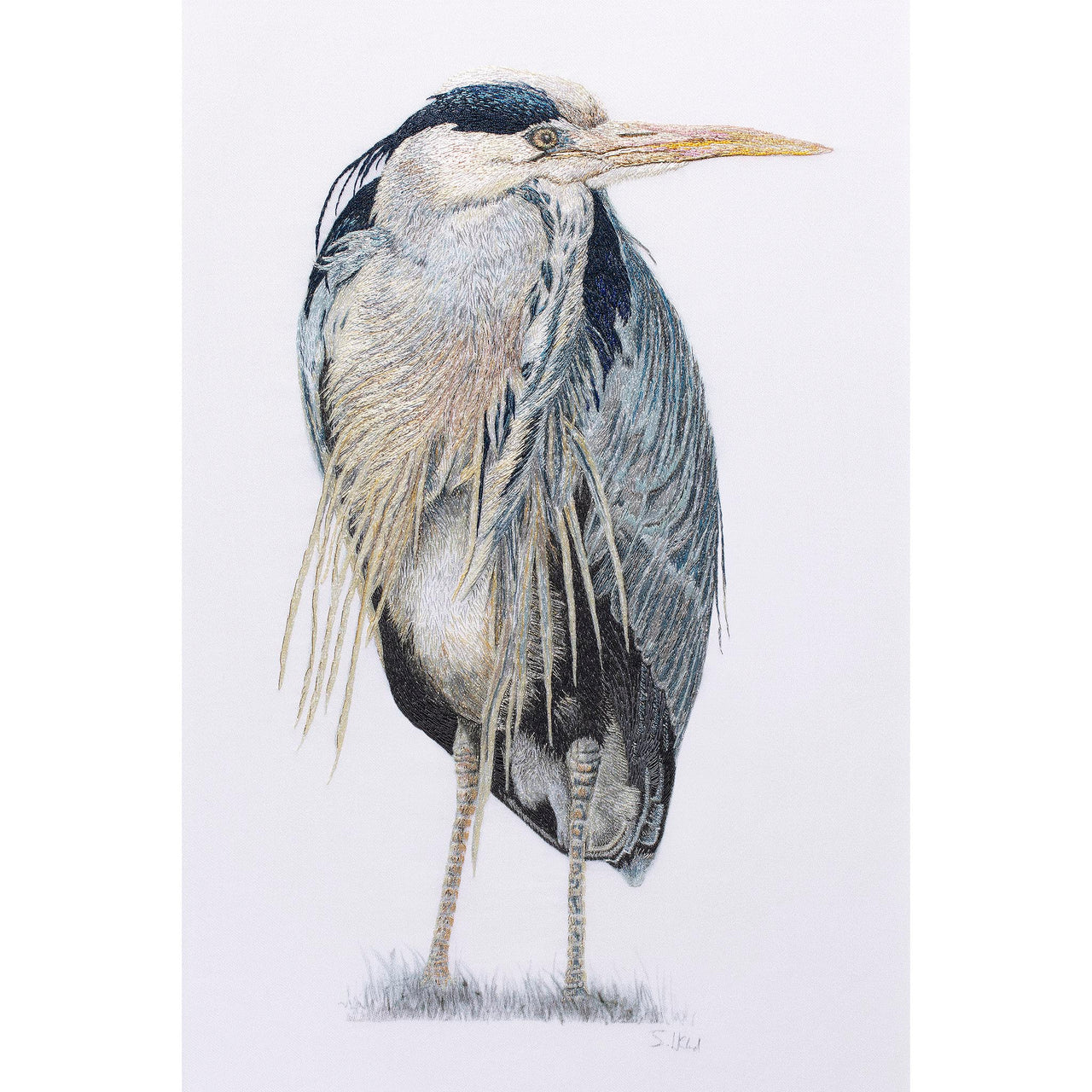 Original hand embroidered heron artwork 