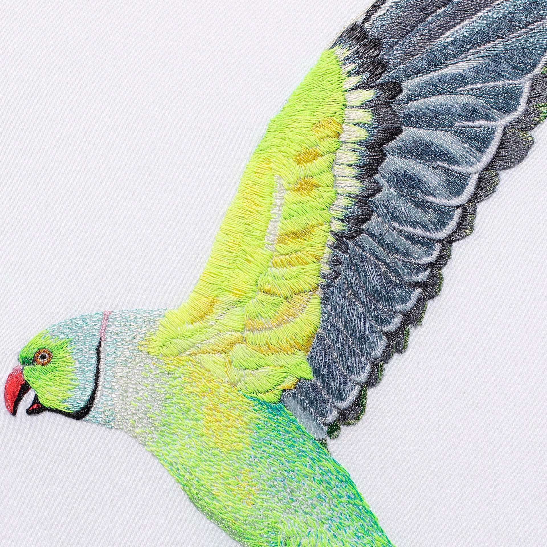 Flying parakeet hand embroidery original artwork close up