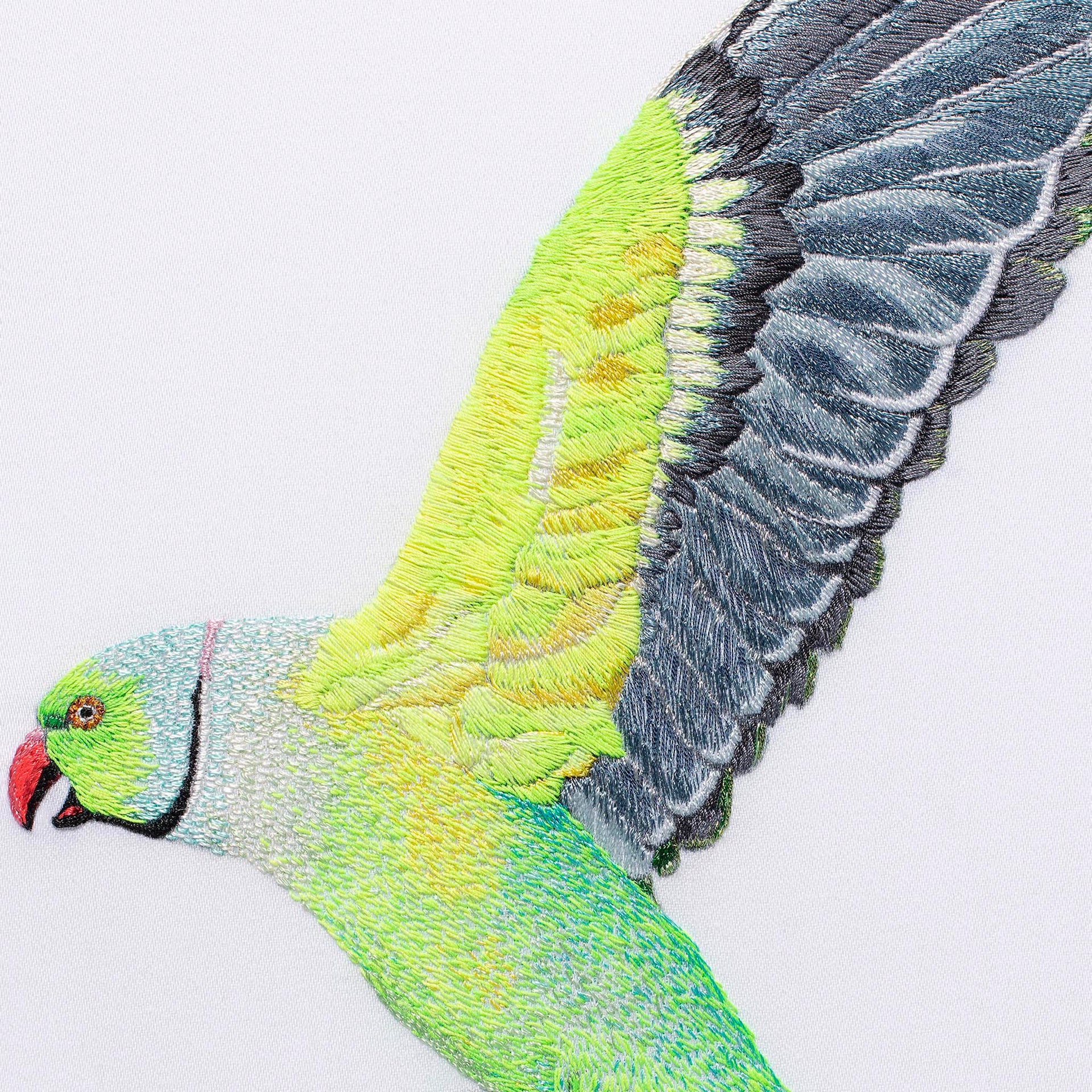 Parakeet hand embroidered wall art close up.
