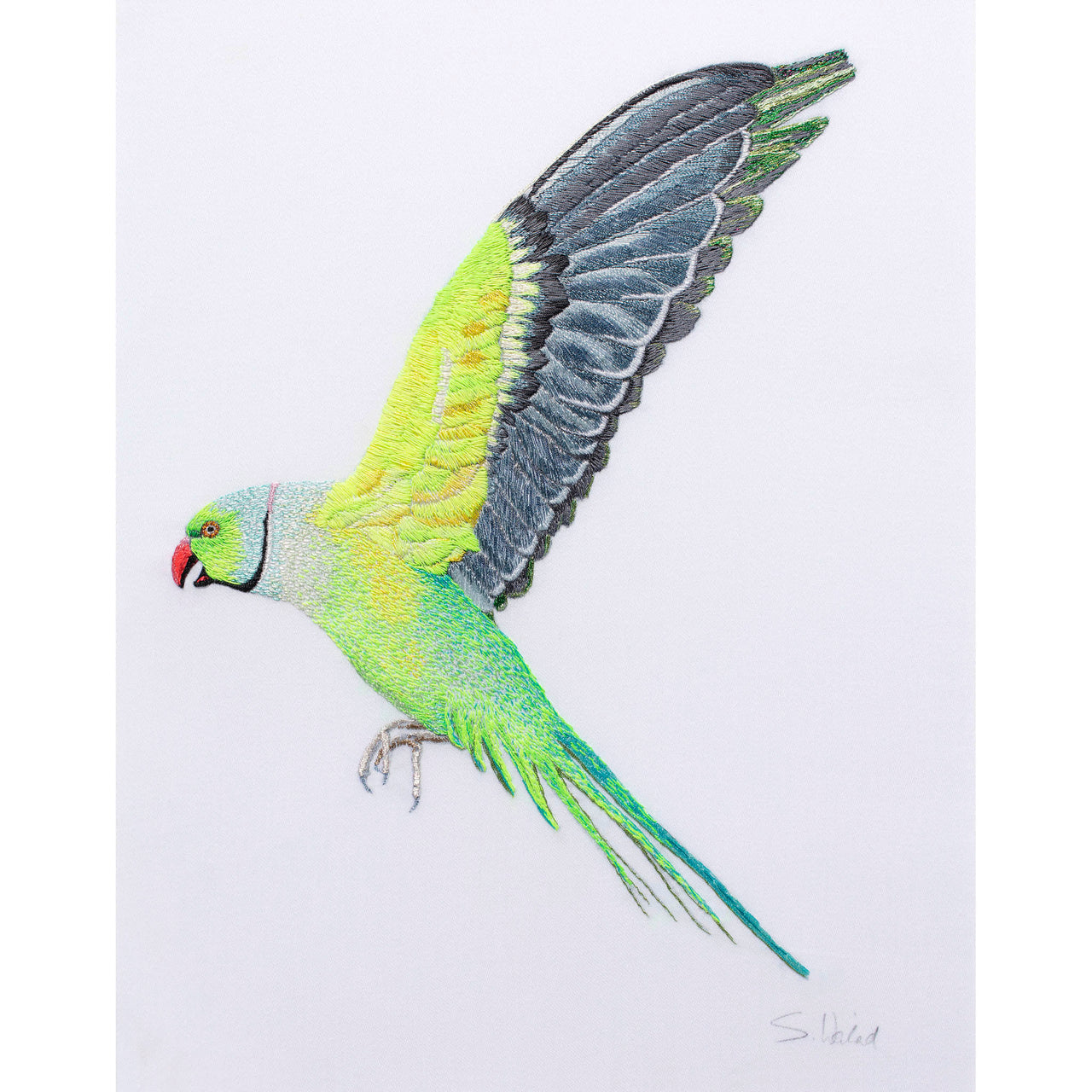 Flying parakeet hand embroidered artwork 