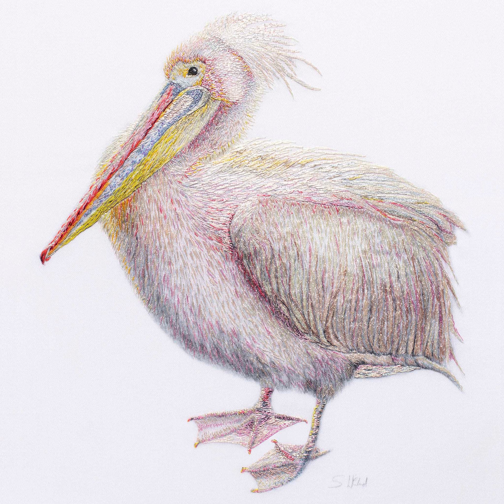 Pelican hand embroidered artwork.