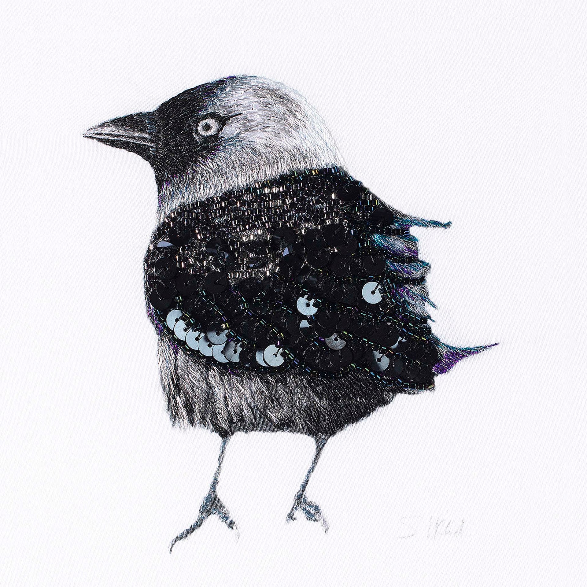 Quirky bird hand embroidered artwork.