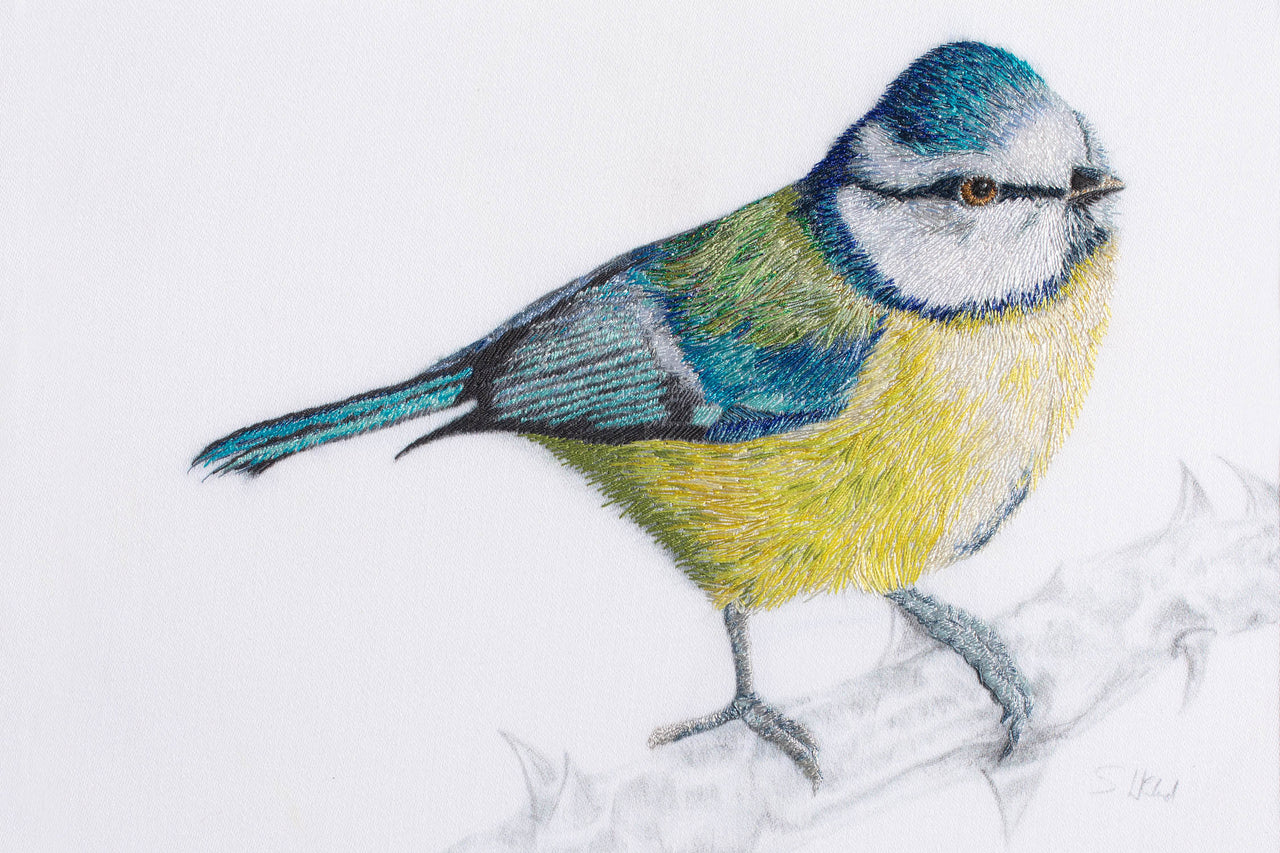 Blue tit hand embroidered artwork.