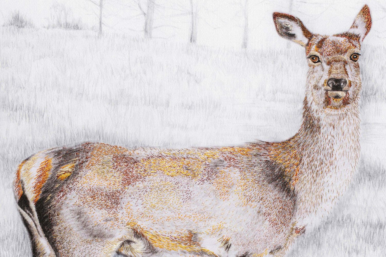 Mixed media artwork of a Deer which combines pencil drawing and hand embroidery.