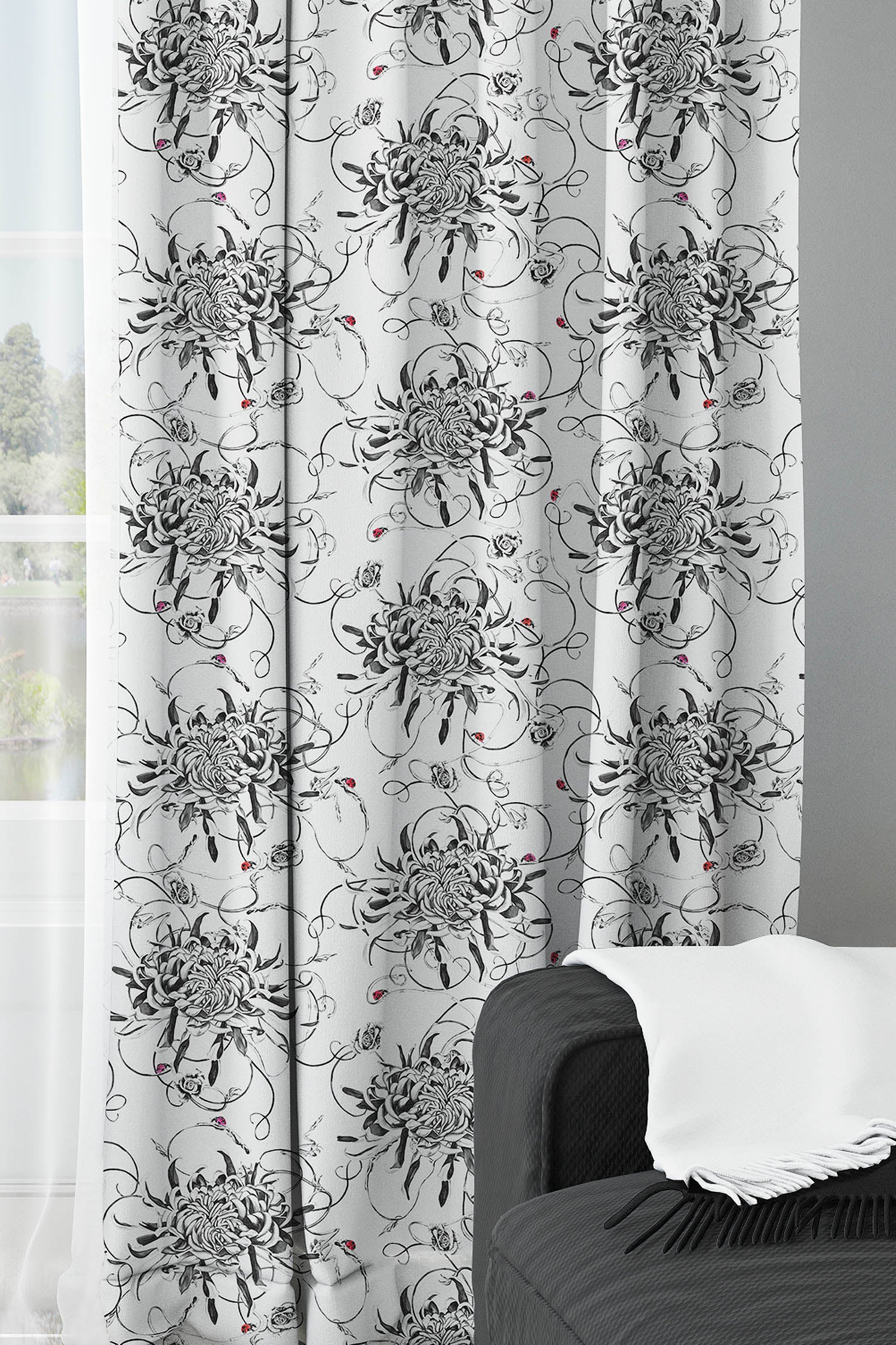 Floral chrysanthemums and ladybird fabric curtains.