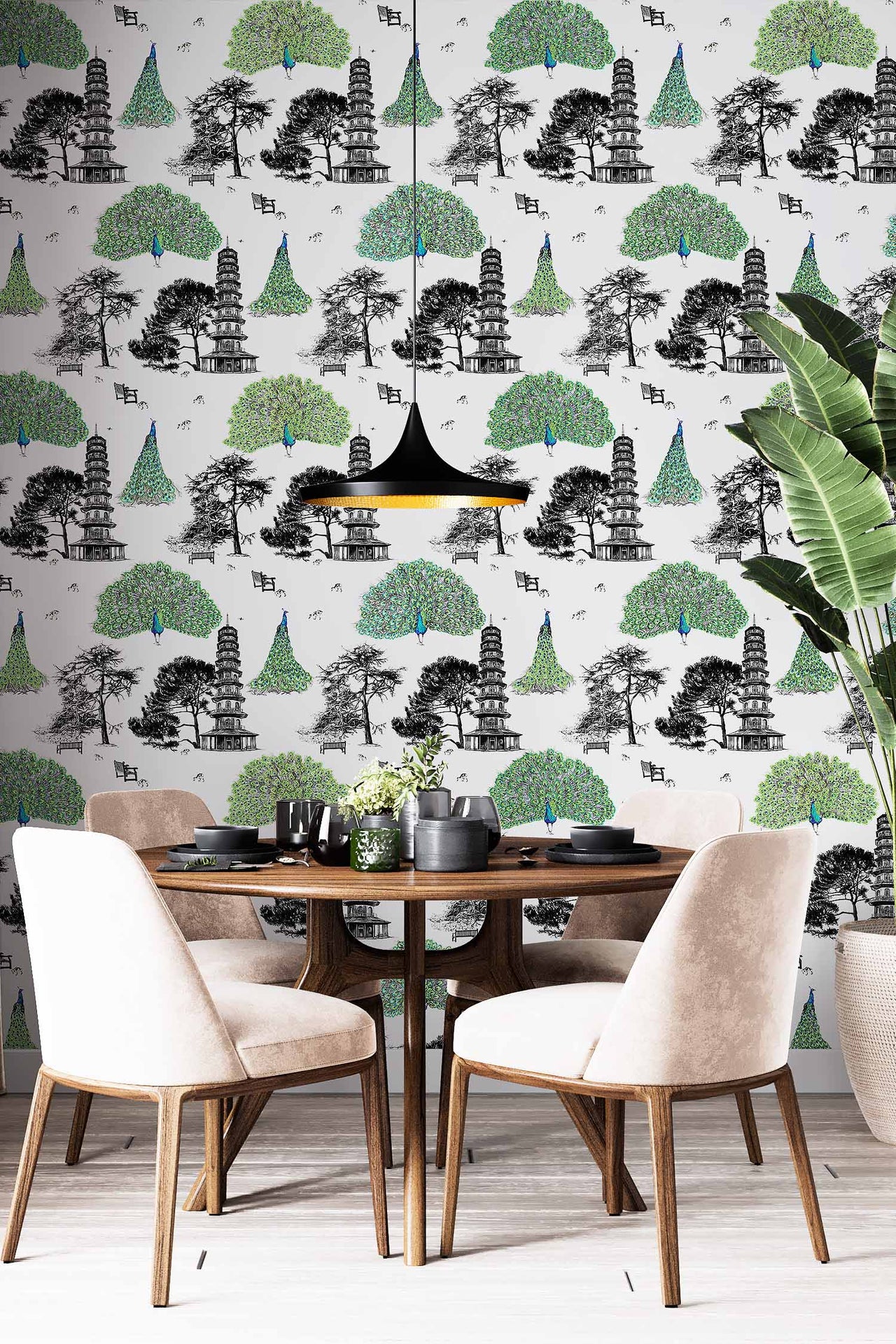 Green peacock wallpaper on the wall.