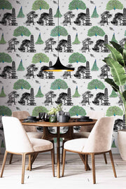 Green peacock wallpaper on the wall.