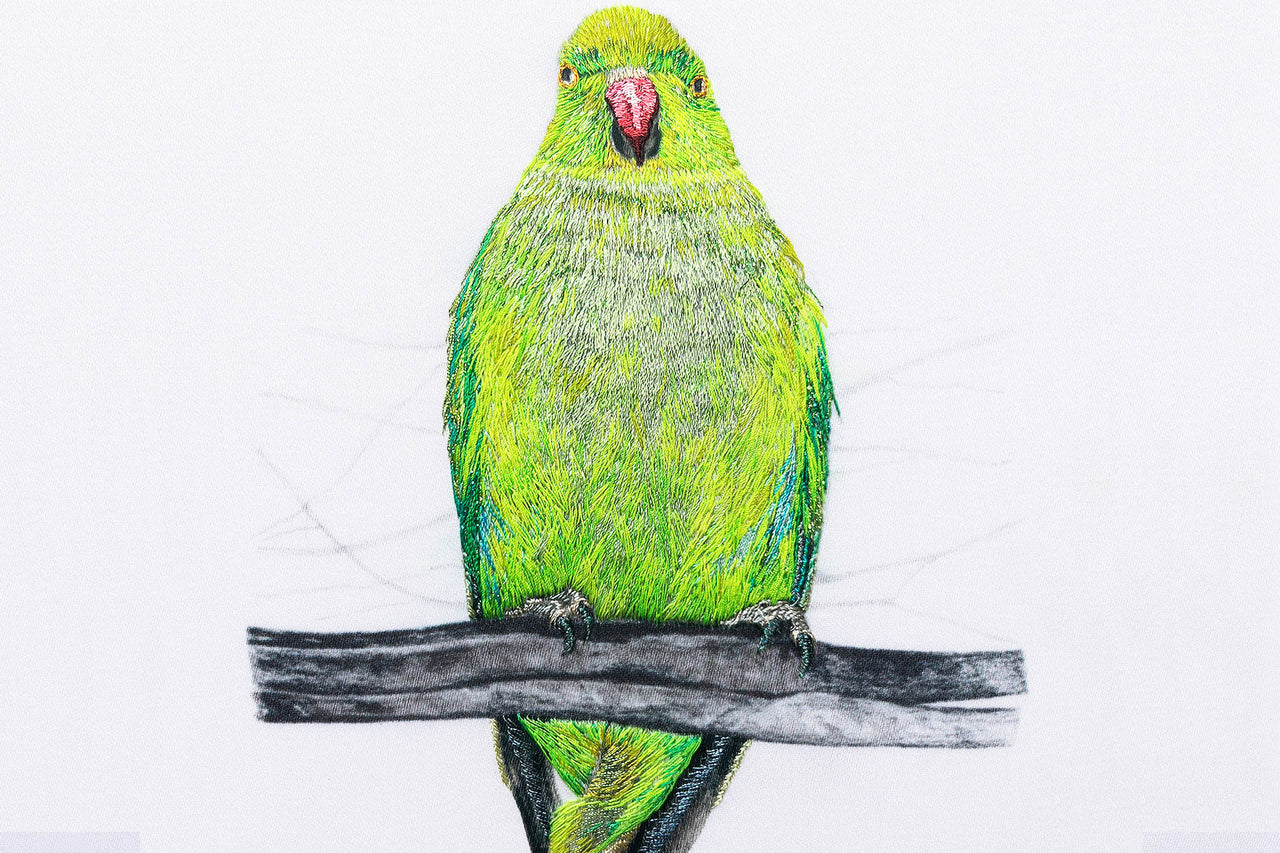 Parakeet hand embroidered artwork.
