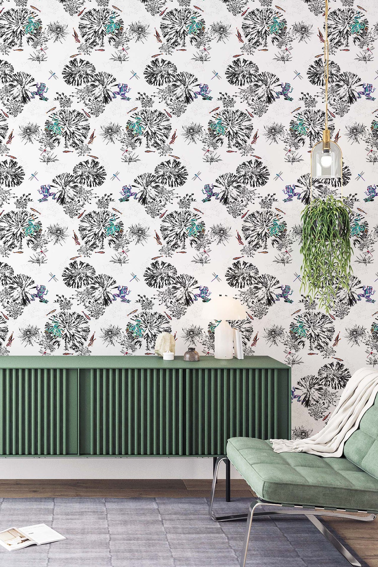 Multi frogs wallpaper in the summer house.