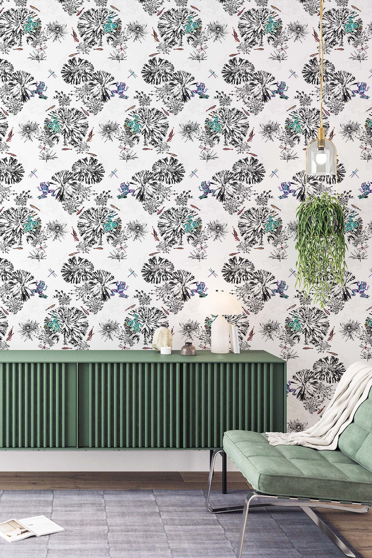Multi frogs wallpaper in the summer house.