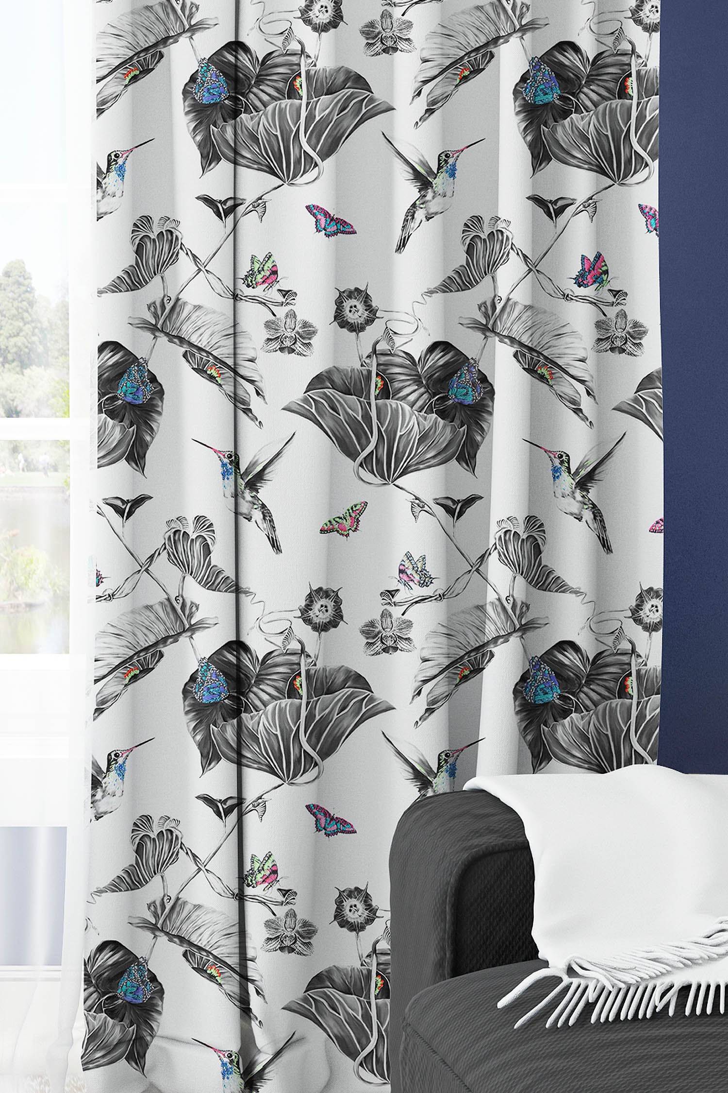 Multi hummingbirds hanging curtains.
