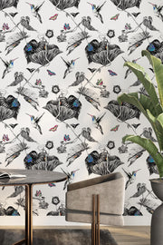 Hummingbird wallpaper on study wall