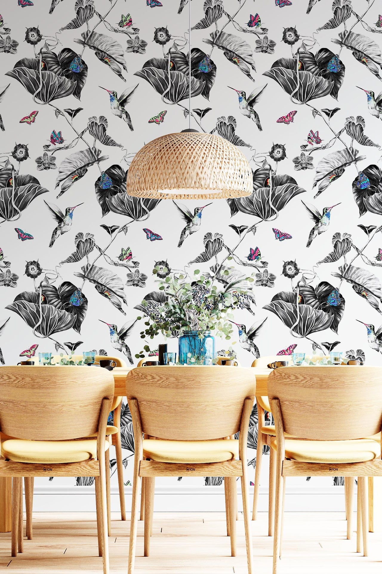 Hummingbird wallpaper on kitchen wall