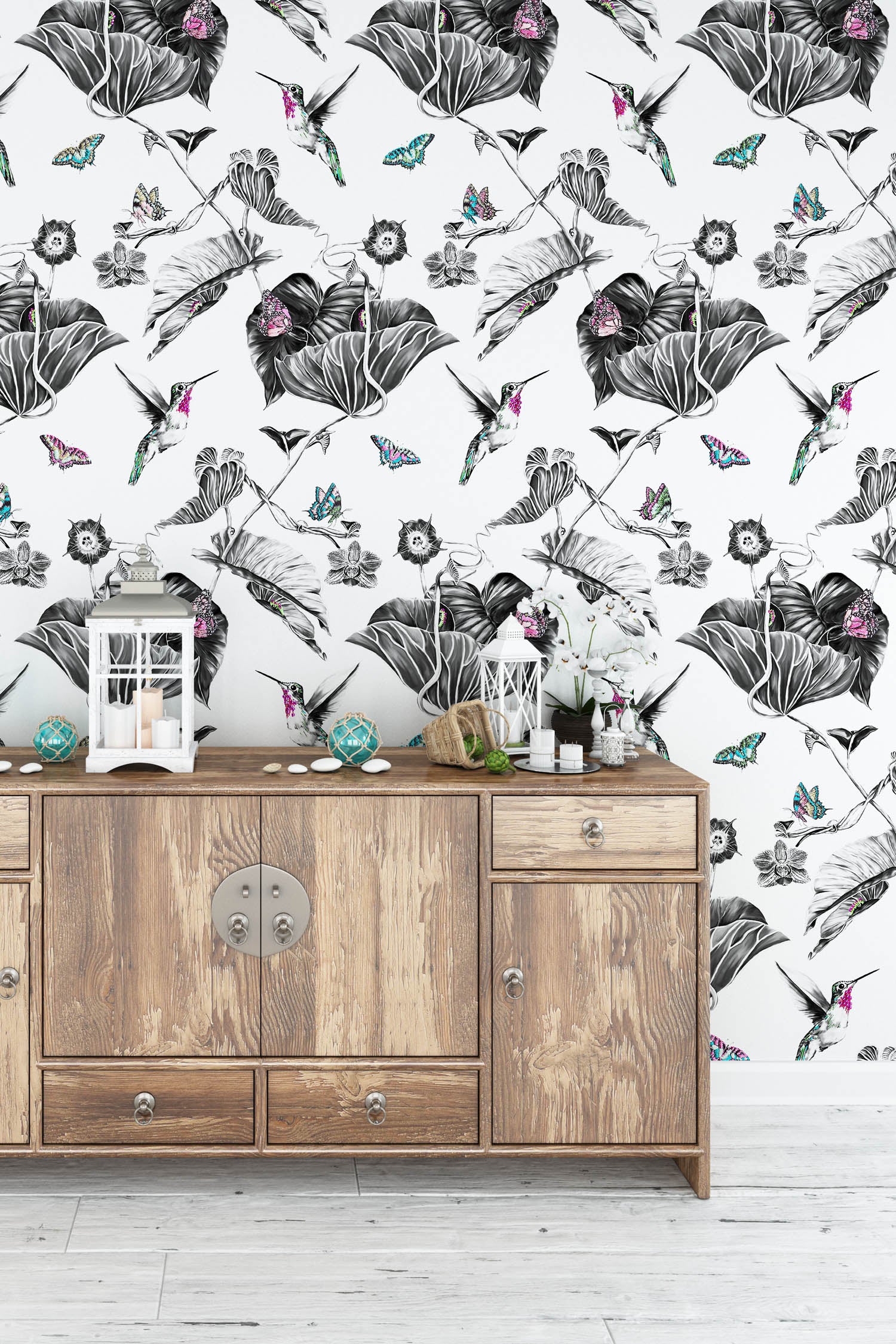 Pink hummingbirds wallpaper on hallway wall.