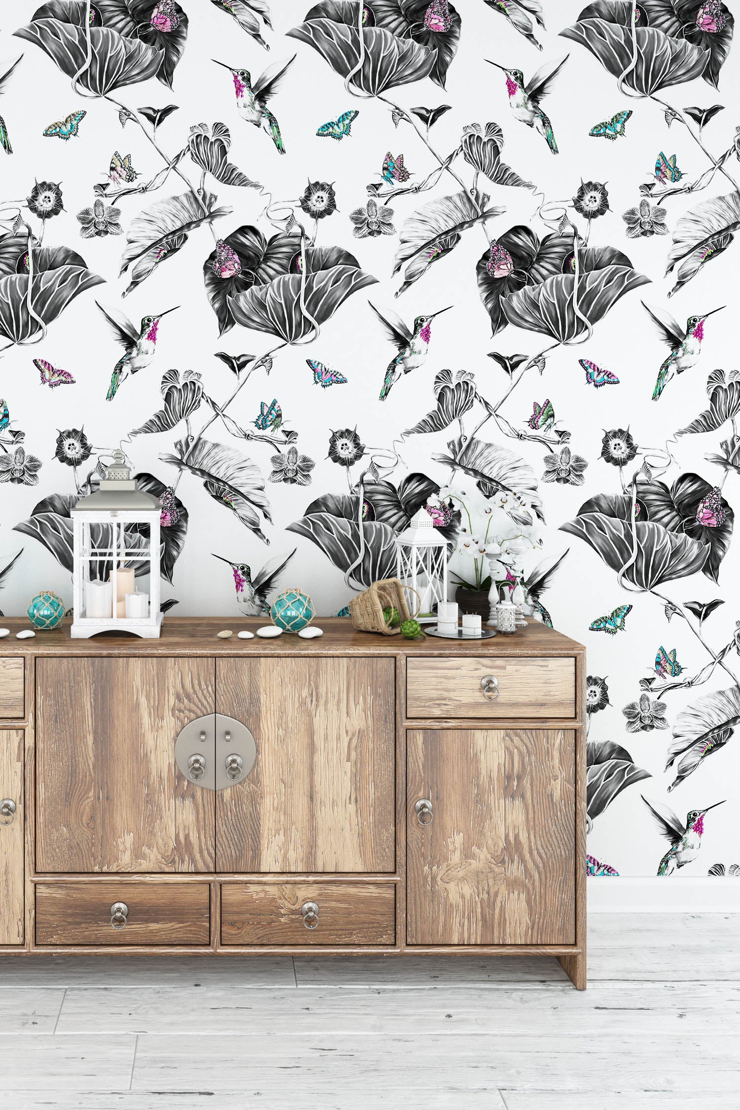 Hummingbirds wallpaper on hallway wall