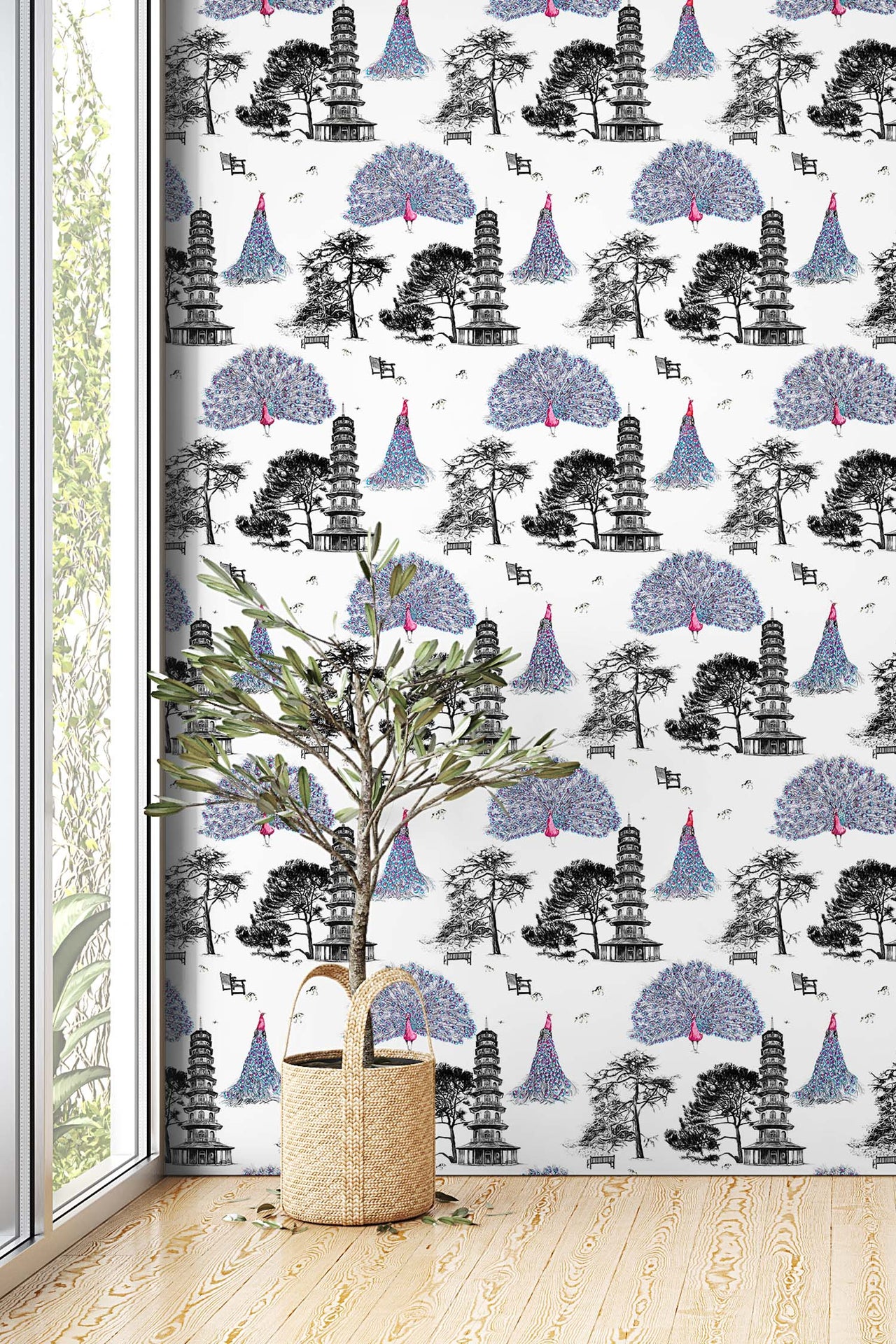 Pink kew peacocks wallpaper on wall.