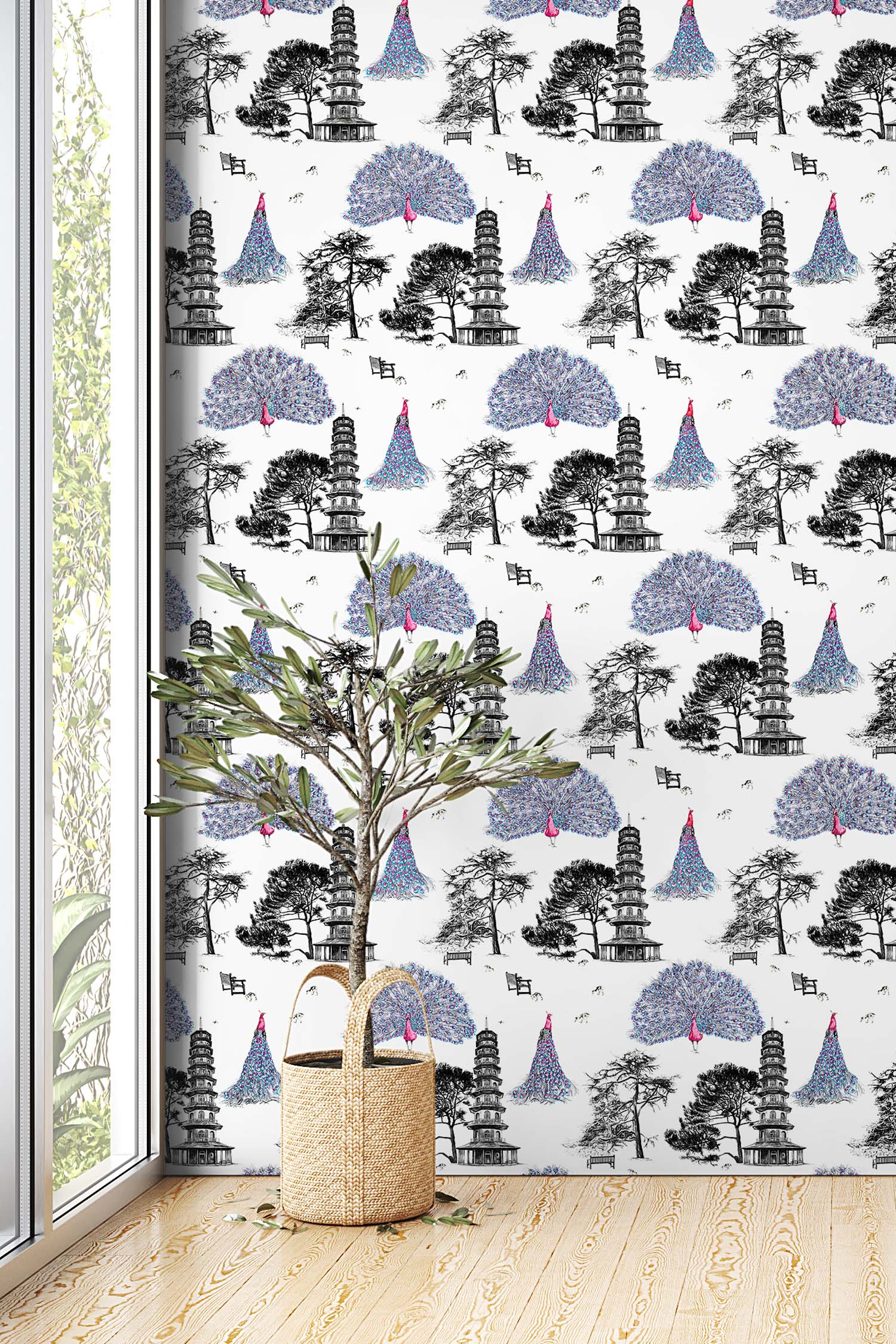 Pink kew peacocks wallpaper on wall.